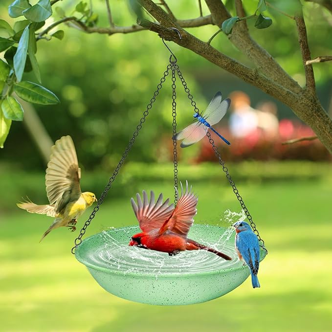 Hanging Bird Bath for Outdoors,11Inch Double Patchwork Birdbath Bowl Window Birds Feeder with 13.5 in Rust-Proof Black Chains Metal Hanging Birds Feeder for Garden Backyard Decor Green Speckled