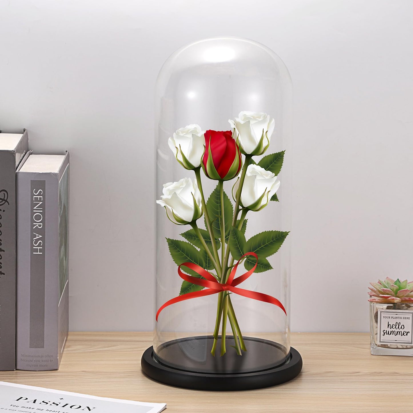 JUXYES 13.8 Inches Glass Display Dome Cloche with Black Wood Base, Clear Glass Dome Cloche Bell Terrarium Jar Glass Cloche Bell Jar Display for Plants Collectible Figure, 15x35cm