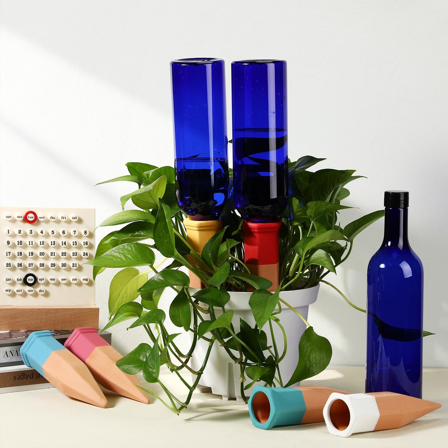 SiliFine 6 Sets Plant Watering Devices Include Terracotta Self Watering Spikes and 26 oz Plastic Bottles, Slow Release Vacation Insert Automatic Plant Waterer Device (Blue and Mixed Color)