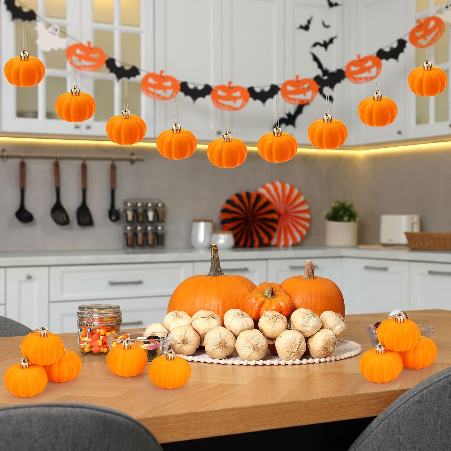 Maysing 24 Pcs Thanksgiving Tree Pumpkin Hanging Ornament Mini Artificial Velvet Pumpkin Ball DIY Orange Decoration Crafts for Friendsgiving Fall Harvest Autumn Party Farmhouse Decor(Orange)