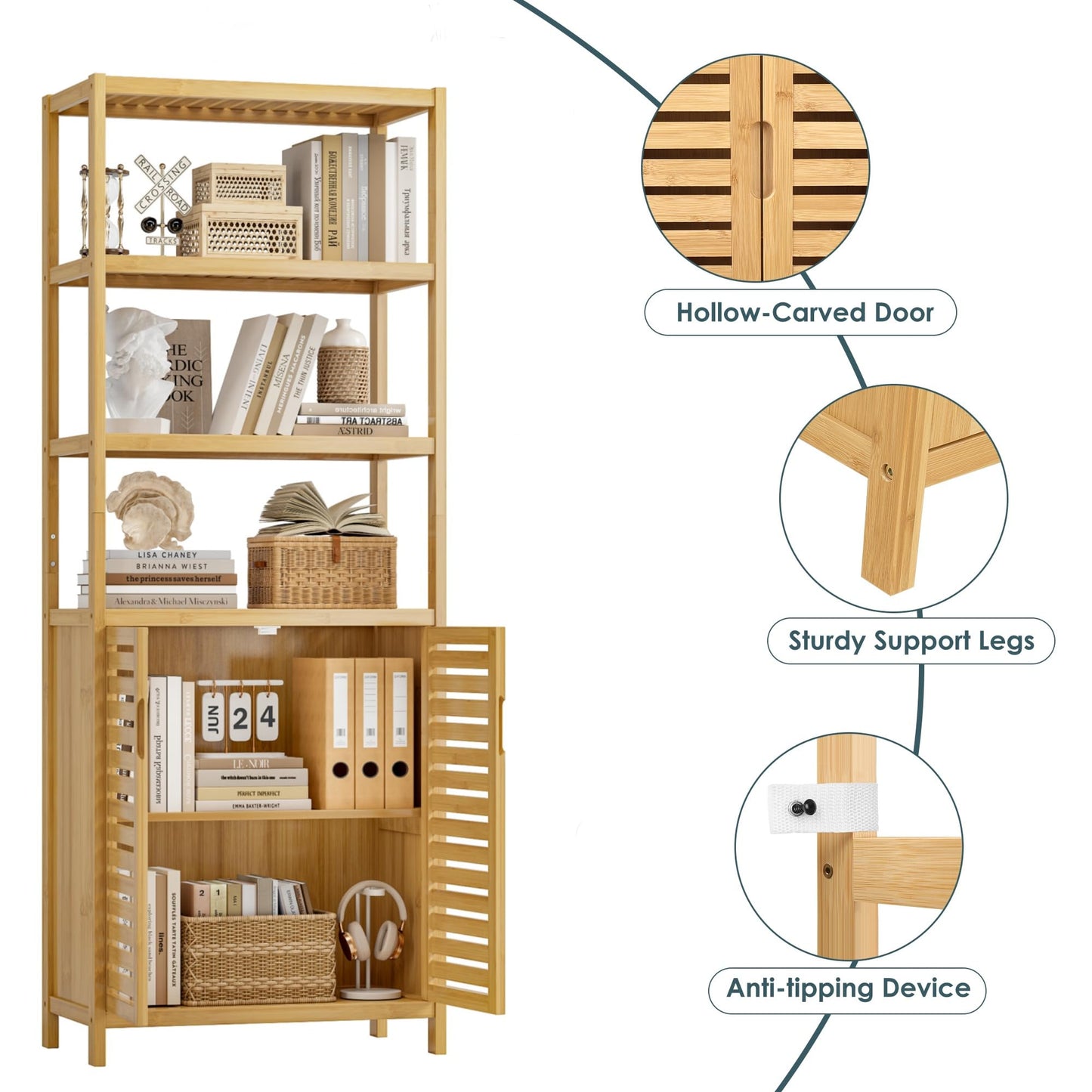 HIFIT 2 Set Tall Shelf Unit Bamboo Storage Cabinet with Doors, 5-Tier Bookshelves and Bookcases with Storage and Display, 67" Tall Cabinet w/Plant Stand for Bathroom,Living Room,Kitchen Dining,Balcony