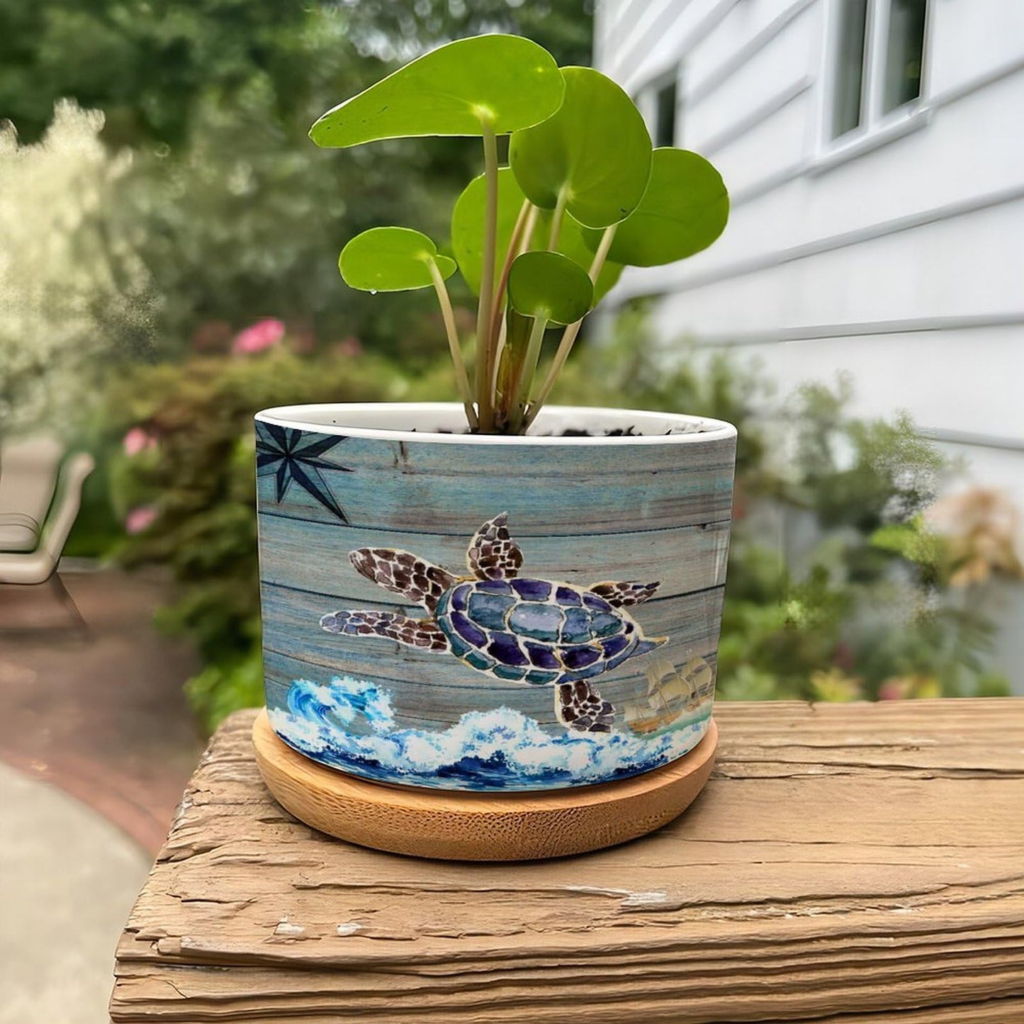 DreamAutumn Ocean Theme Sea Turtle Ceramic Pots for Plants with Drainage Holes Round Flower Pot Bamboo Tray Orchid Pot Succulents Pots for Outdoor Indoor Plants,Housewarming Gifts