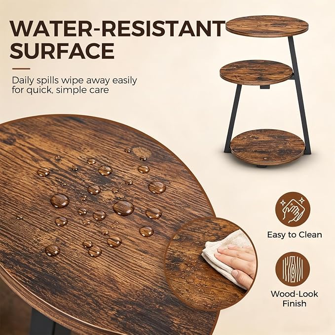BEWISHOME Round Side Table, 3-Tier End Table, Nightstand