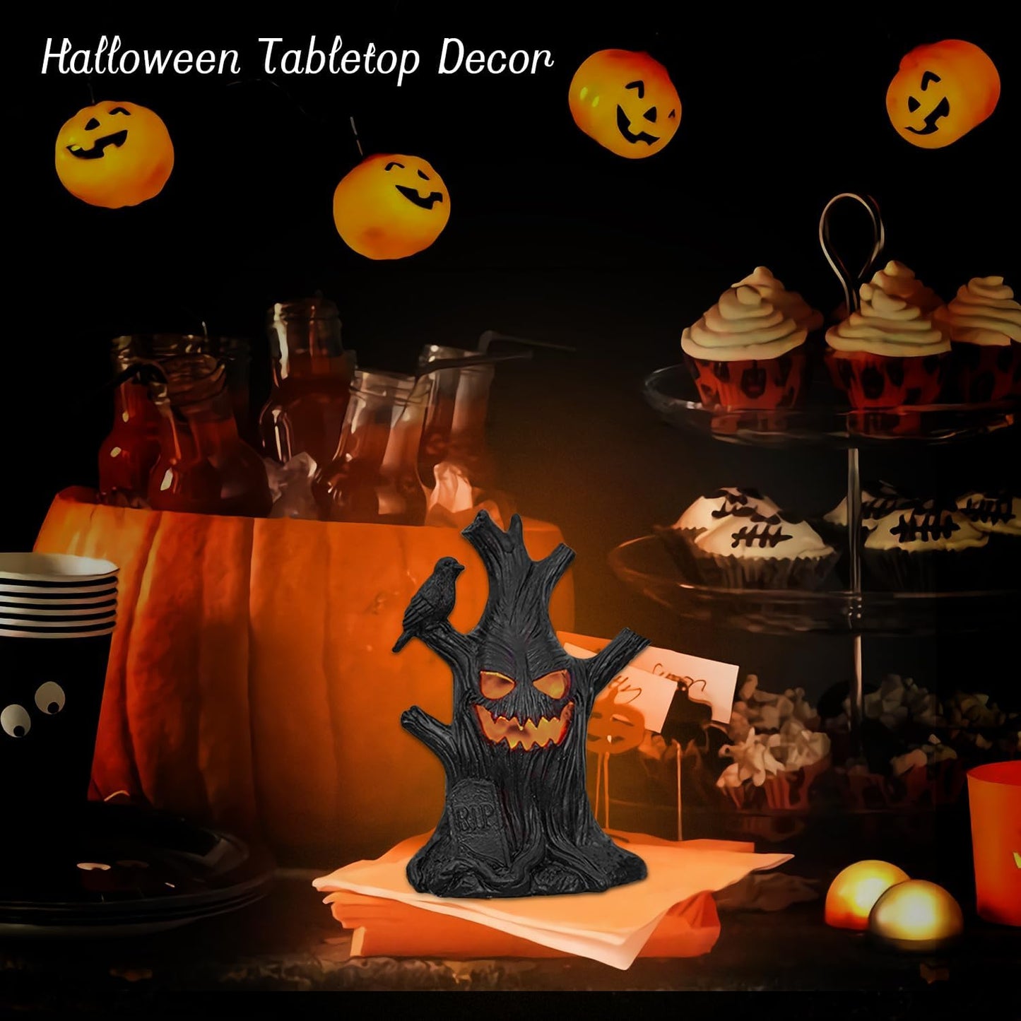 Lifnatty Halloween Tree Light Decoration Indoor – LED Battery Operated Scary Tree Decor with Glowing Face, Halloween Decoration for Home Party Table Haunted House