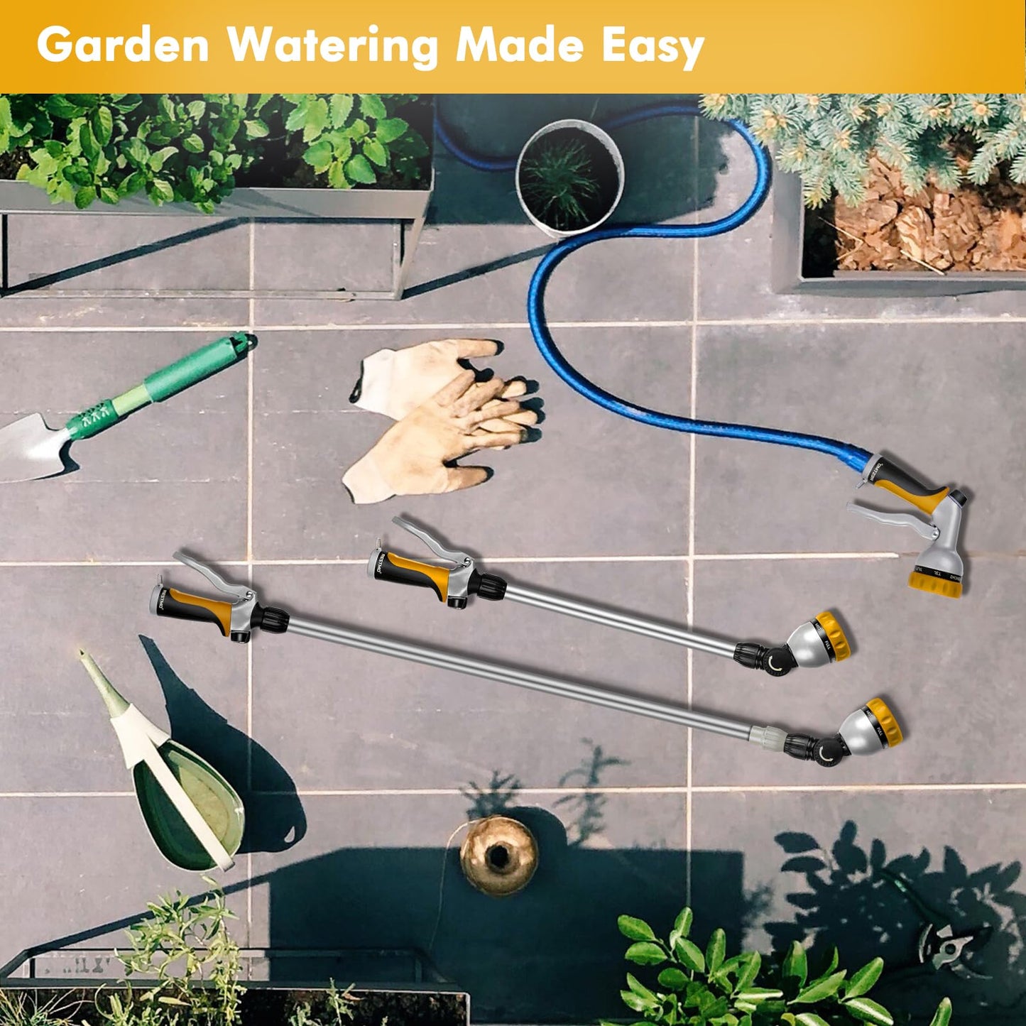 RESTMO 36”-60” Metal Watering Wand, Long Telescopic Tube | 180° Adjustable Ratcheting Head | 7 Spray Patterns | Flow Control, Perfect Garden Hose Sprayer to Water Hanging Baskets, Shrubs, Yellow