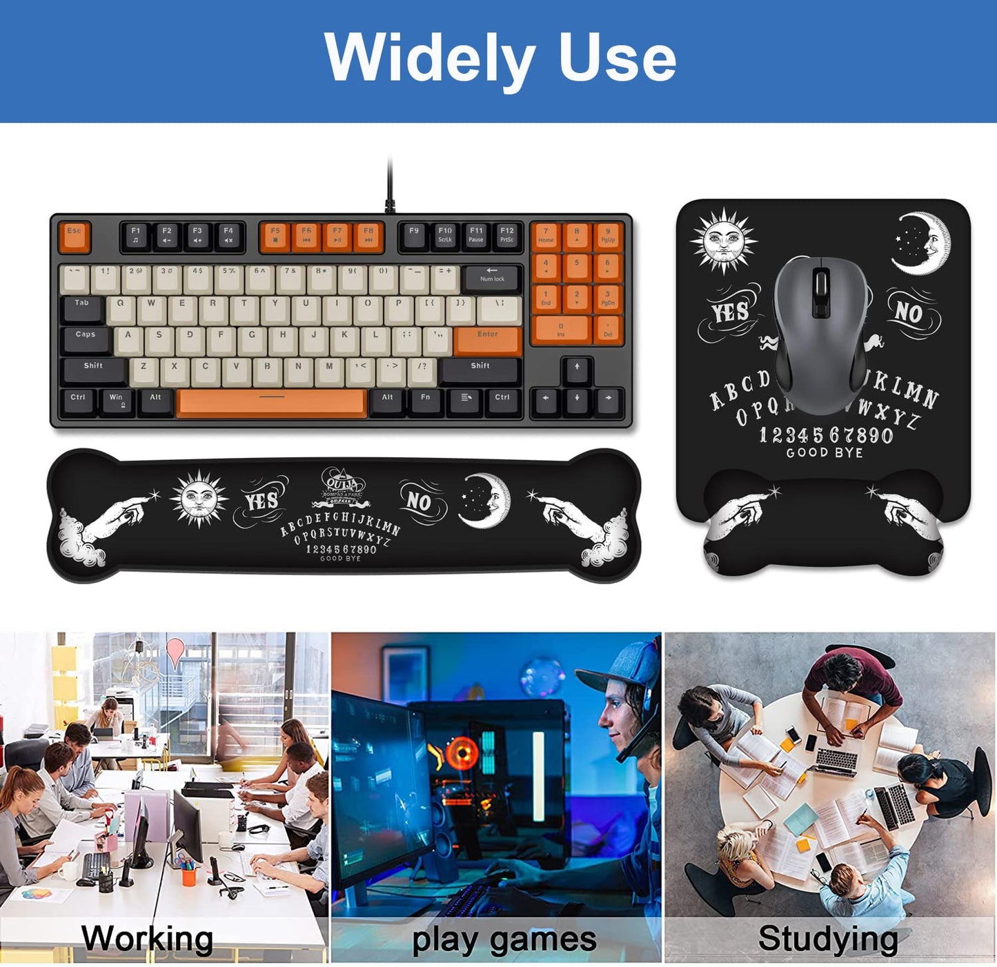 Wrist Rest Support Ergonomic Gel Mouse Pad & Memory Foam Keyboard Set, Non-Slip Rubber PU Base for Home Office Working Studying Easy Typing & Pain Relief, Ouija Board