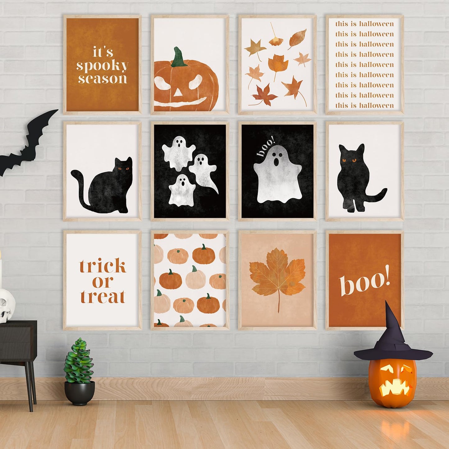 JarThenaAMCS 12Pcs Halloween Wall Art Prints Boho Ghost Pumpkin Black Cat Art Poster Black Orange Wall Decor For Fall Gallery Living Room Bedroom, UNFRAMED, 11 x 14 Inch