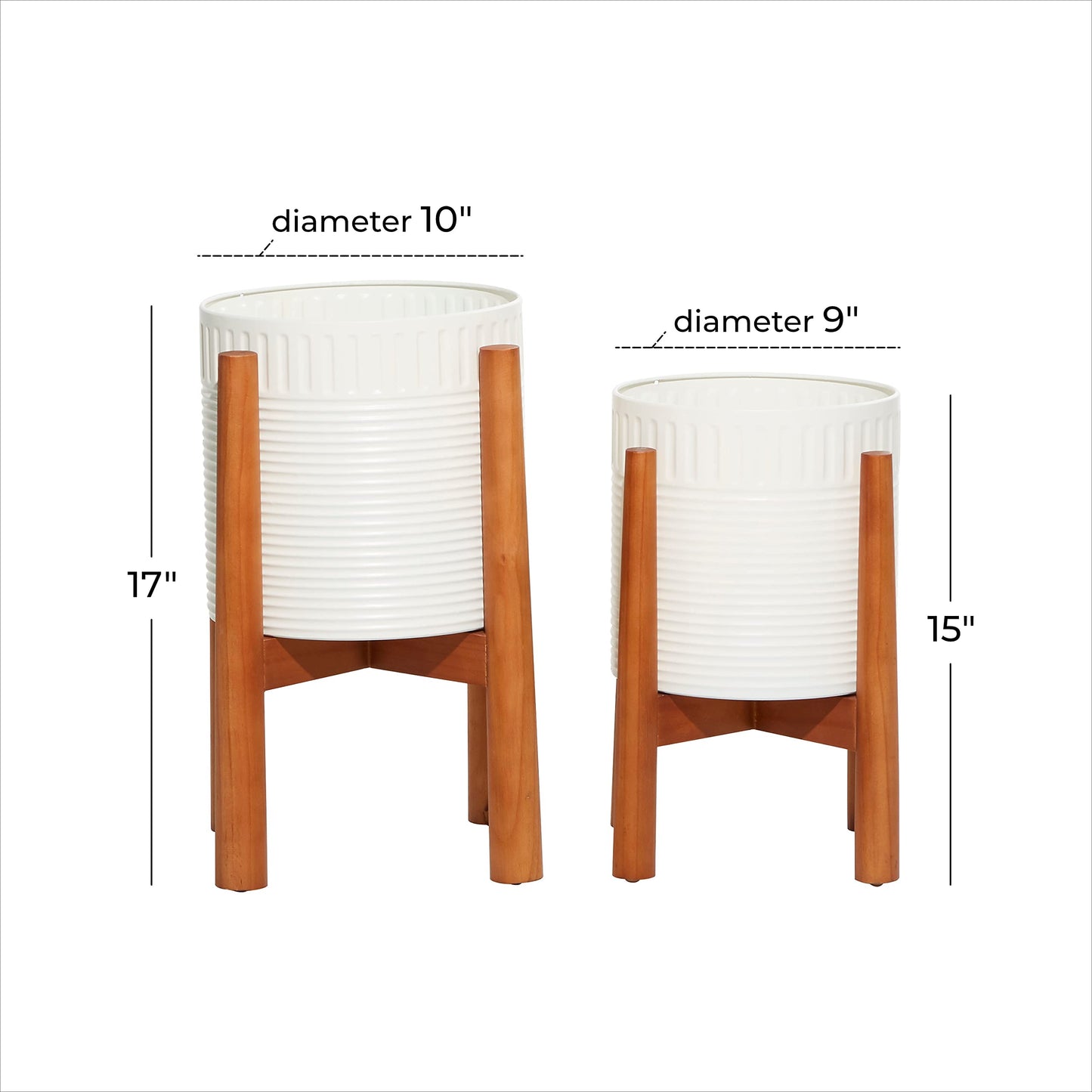 Deco 79 Metal Indoor Outdoor Planter Large Planter Pot with Removable Wood Stand, Set of 2 Planters 17", 15"H, White