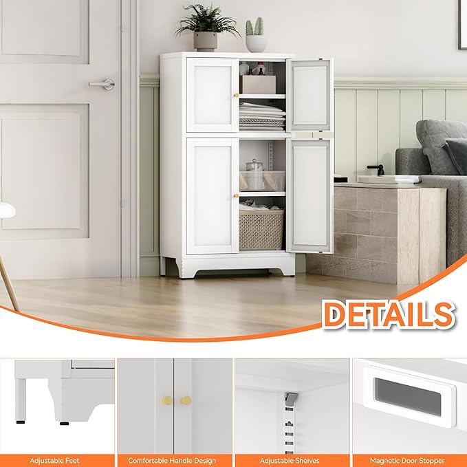 YAUWOH White Bathroom Floor Cabinet, Metal Storage Cabinet
