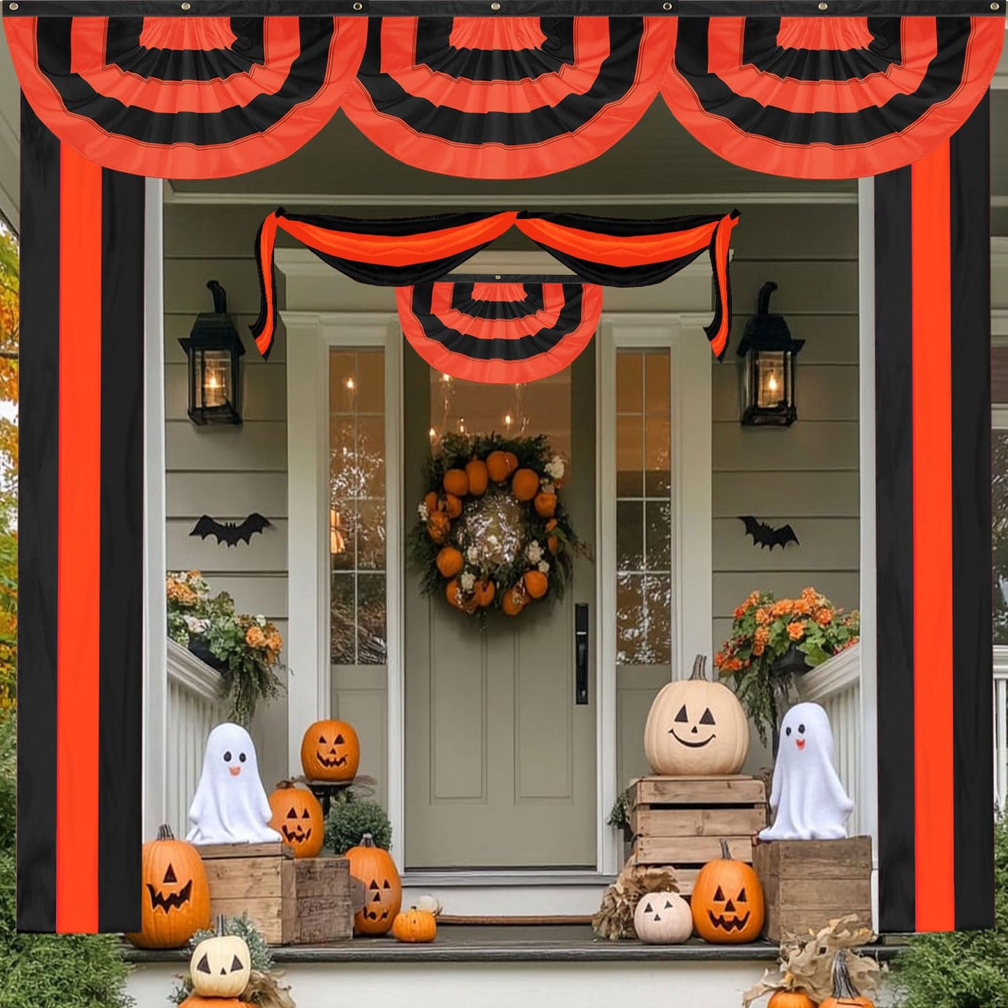 LinaGarten Halloween Bunting Flag 2 x 4 ft Fully Sewn Orange & Black 5 Stripe with 3 Grommets Pleated Half Fan Flag Bunting Banner Trick or Treat Halloween Decor Outside Porch Garden Outdoor Yard Indoor Home