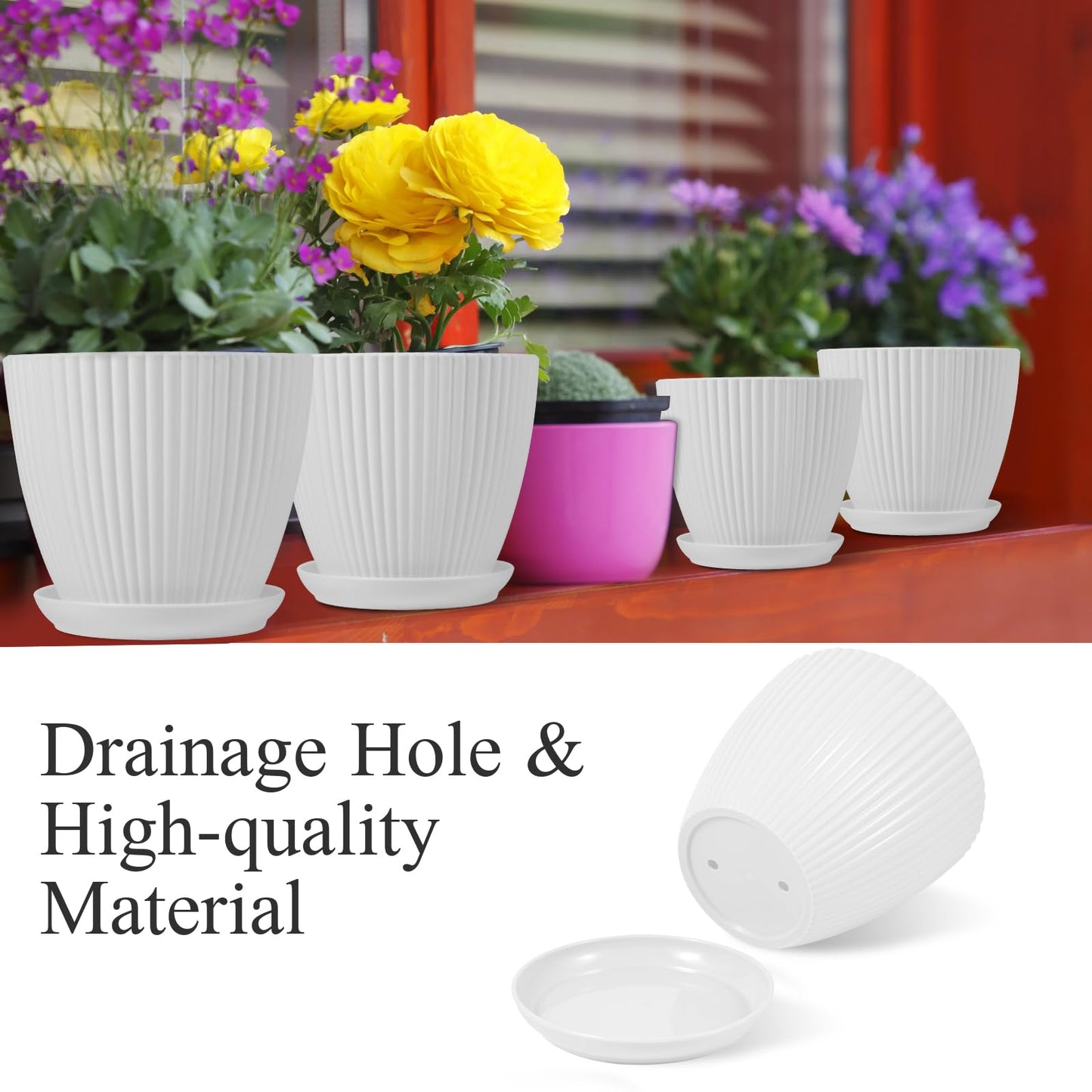 MUXINCAMP 7 Inch Large Plant Pots, 6 Pack Flower Pots with Drainage Hole and Tray Saucer Plastic Plant Pot for Outdoor Indoor House Plants and Flowers Herbs (White)