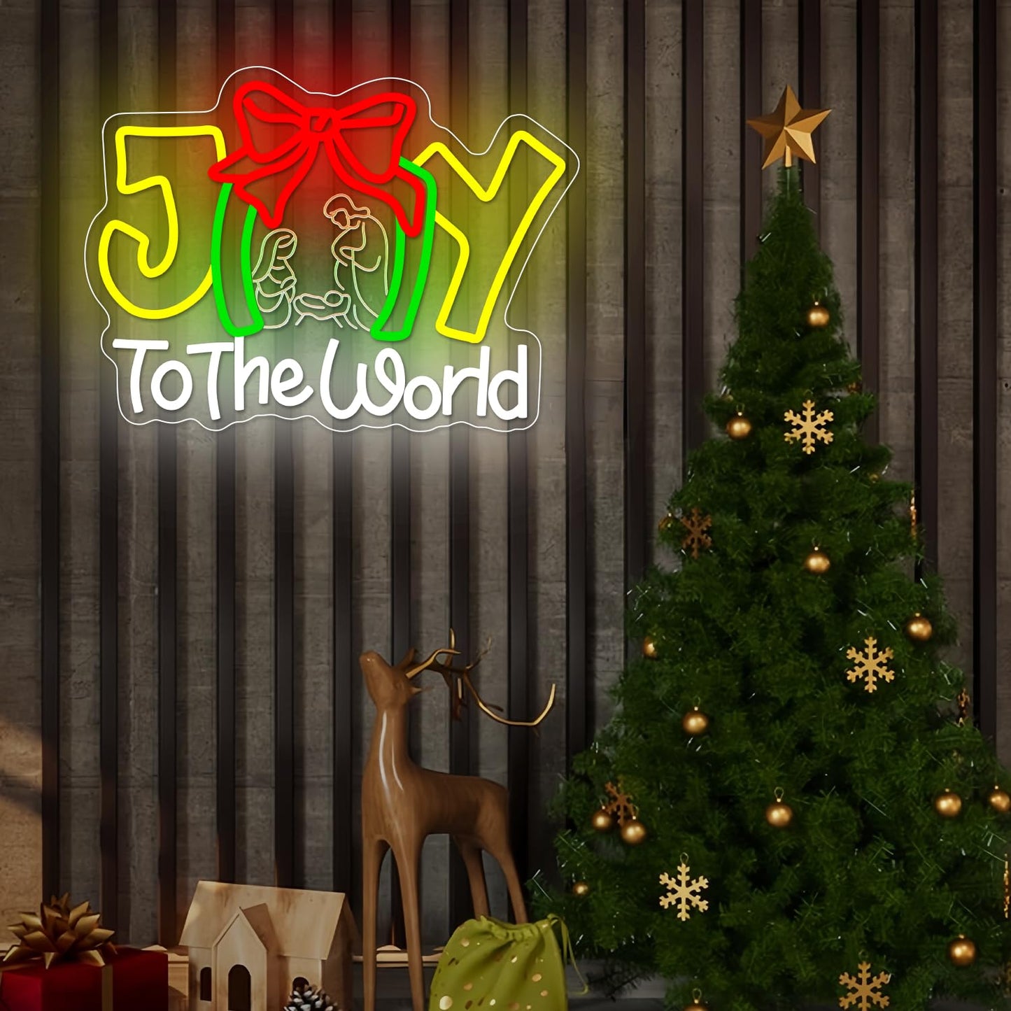 Joy to Tthe World Neon Sign Christmas Neon Sign for Wall Decor christmas Neon Light Dimmable Christmas Neon Light Sign for Bedroom Living Room Holiday Party