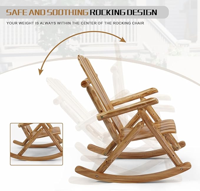 Outvita Wooden Rocking Chair, Fir Log Adirondack Rocker, Outdoor Wood Accent