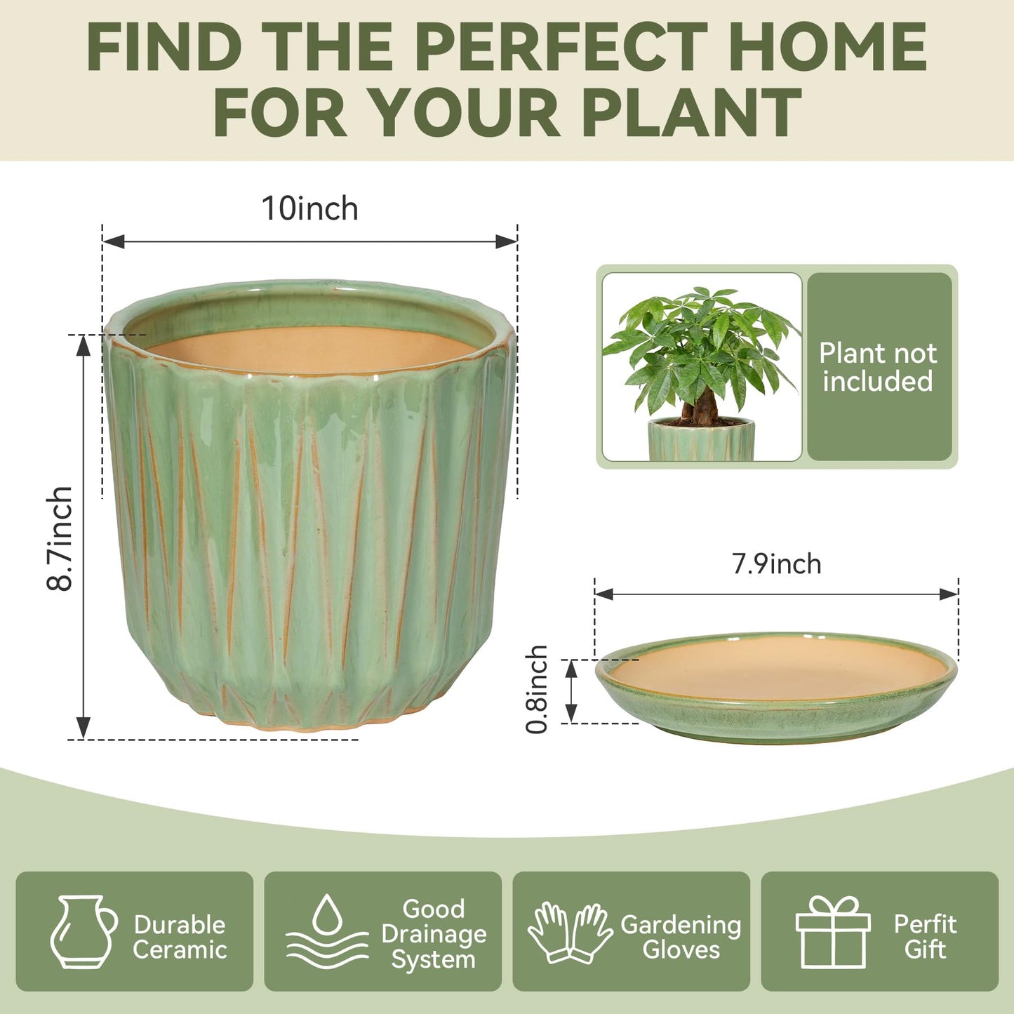 TOSELBAI 10 Inch Ceramic Planter Pot with Saucer Drainage Leak-Proof Mesh,Flower Pots for Indoor Plants with Gardening Gloves,Ceramic Planter(Light Green)