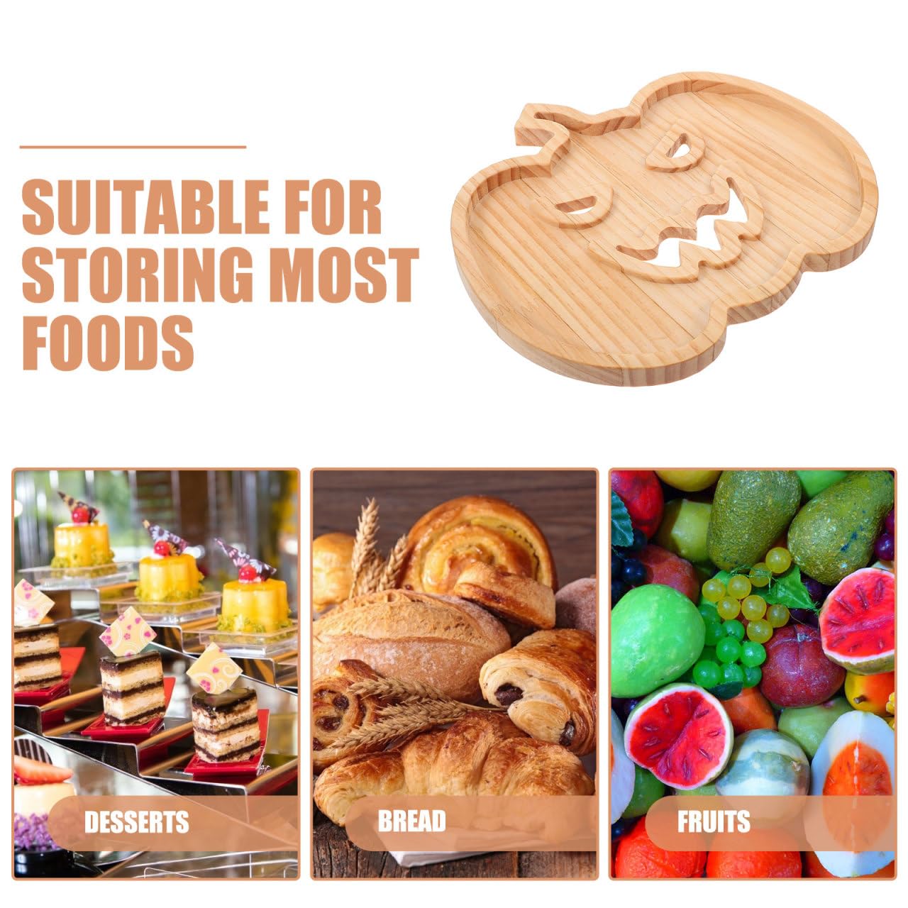 Healifty Halloween Pumpkin Snack Tray Wooden Serving Plate 9.37X8.14 Inch Seasonal Dessert Fruit Candy Appetizer Tray for Kitchen Dining