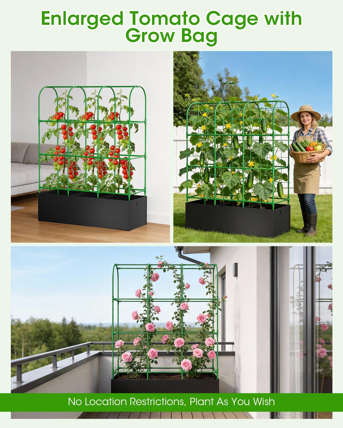 Cucumber Trellis with Grow Bags for Garden, 63in Tall Garden Trellis for Climbing Plants, Metal Plant Trellis with Garden Netting for Vegetables Flowers Fruits(4 Arches)(U-Shape)