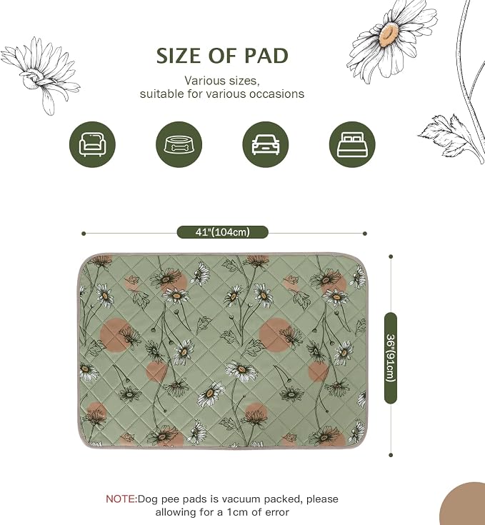 IEUUMLER Washable Pee Pads for Dogs, 2 Pack Non-Slip & Waterproof Pack Whelping Pad, Reusable Washable Puppy Potty Training Pad with Fast Absorbent for Playpen EU007 (Grass Green Daisy, 36"X41"-2pcs)