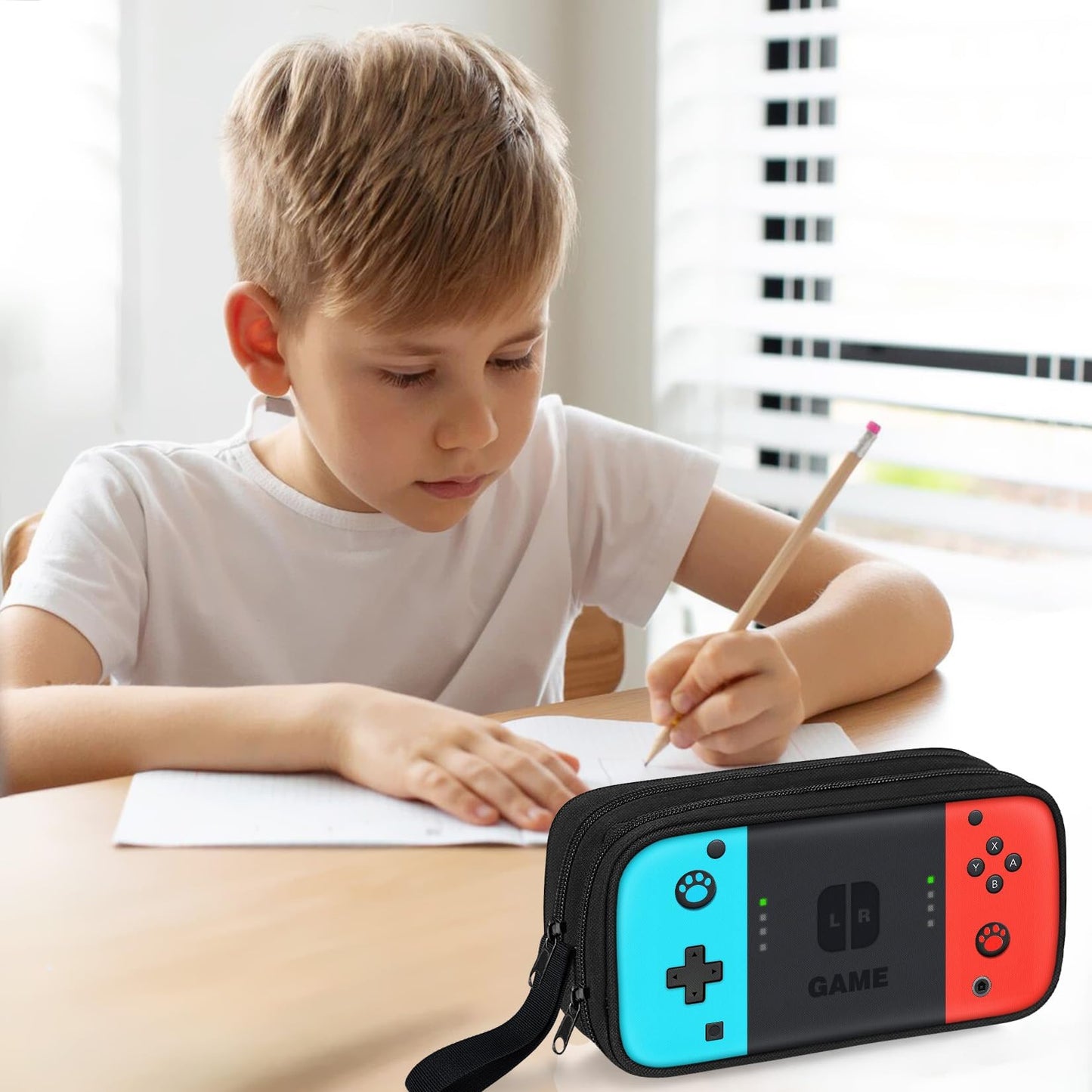 JIRAIKEI Gamer Pencil Case for Boys, Large Boys Pencil Pouch for Kids Teens School, Big Capacity Pen Box Pen Bag Organizer with 2 Compartments & Zipper