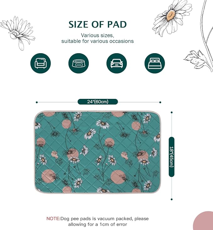 IEUUMLER Washable Pee Pads for Dogs, 2 Pack Non-Slip & Waterproof Pack Whelping Pad, Reusable Washable Puppy Potty Training Pad with Fast Absorbent for Playpen EU007 (Teal Daisy, 24"X18"-2pcs)