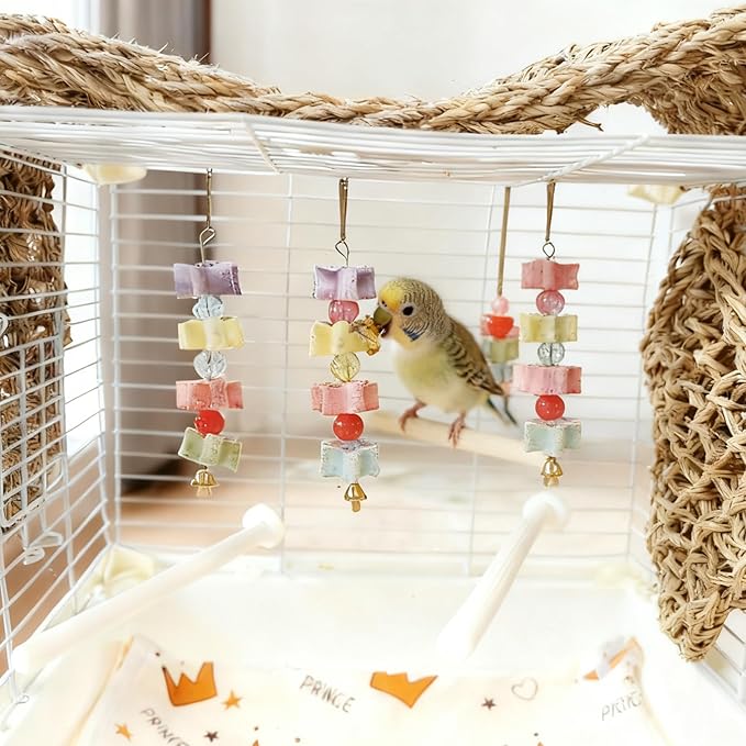 6Pieces Parrot Beak Trimmer Bird Beak Grinding Stone Teeth Lava Block Mineral Calcium Rock Chewing Toys with Bell for Parakeet Conure Budgies Rabbit Chinchilla Hamster
