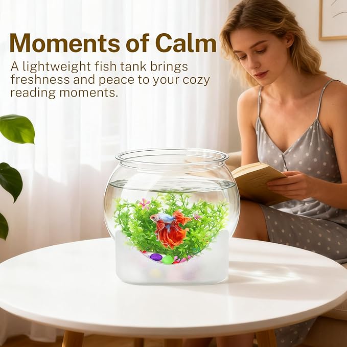 Plastic Fish Bowl Beta Fish Aquariums Scratch-Resistant and Shatterproof Mini Desktop Hydroponic Goldfish Tank (0.92Gallon/ 3.5L)