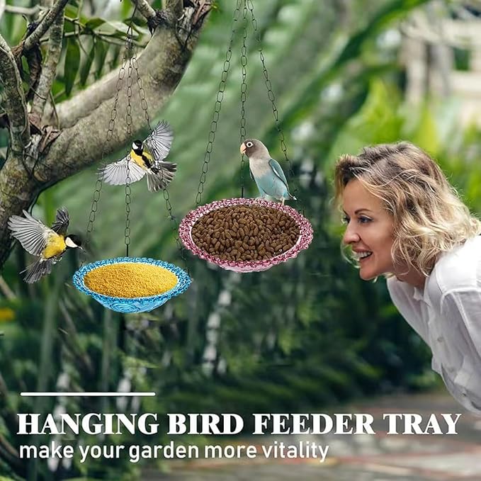 4 Pack Hanging Bird Baths Bowl Outdoor Bird Feeder 15.7 Inch Metal Chains, Weather-Resistant Hanging Bird Feeder & Bath Tray for Garden, Patio, Backyard Wildlife Decor (4Pcs Color)
