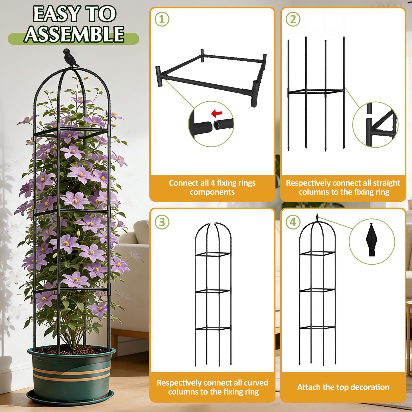 Square Tomato Cages for Garden, 6.2 FT Cucumber Trellis for Flowers, Grape, Pea, Rose, Bean, Rustproof Plastic Coated Metal Plant Support for Potted Plants Indoor Outdoor - 2PC Obelisk Trellis