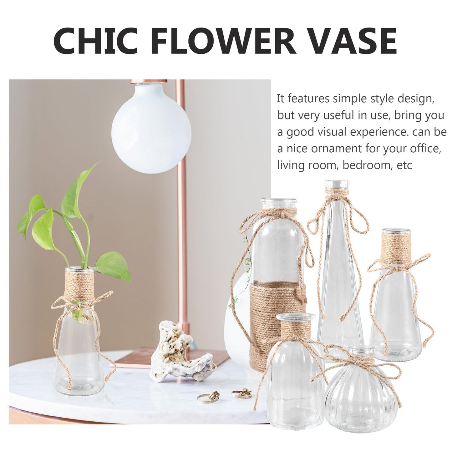 NUOBESTY 5pcs Glass Flower Vases Set with Rope Design, Decorative Plant Terrarium and Flower Arrangement Containers for Home Décor and Table Display