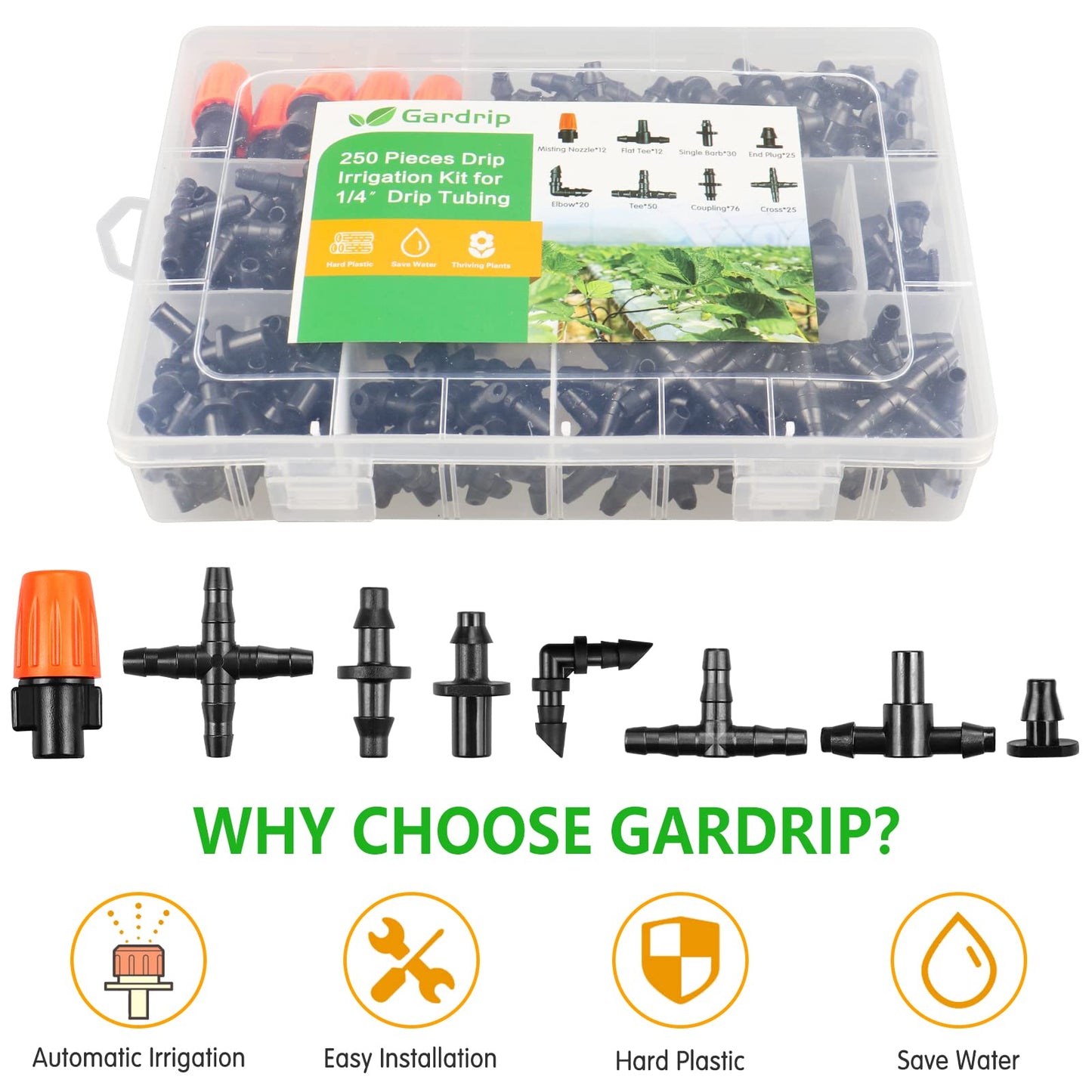 250 Pcs Drip Irrigation Fittings Kit for 1/4" Tubing:Gardrip 1/4 Inch Drip Irrigation Barbed Connectors (Nozzles, Nozzle Tees, Single Barbs, Couplings, Tees, Elbows, Plugs, Crosses) for Garden Systems