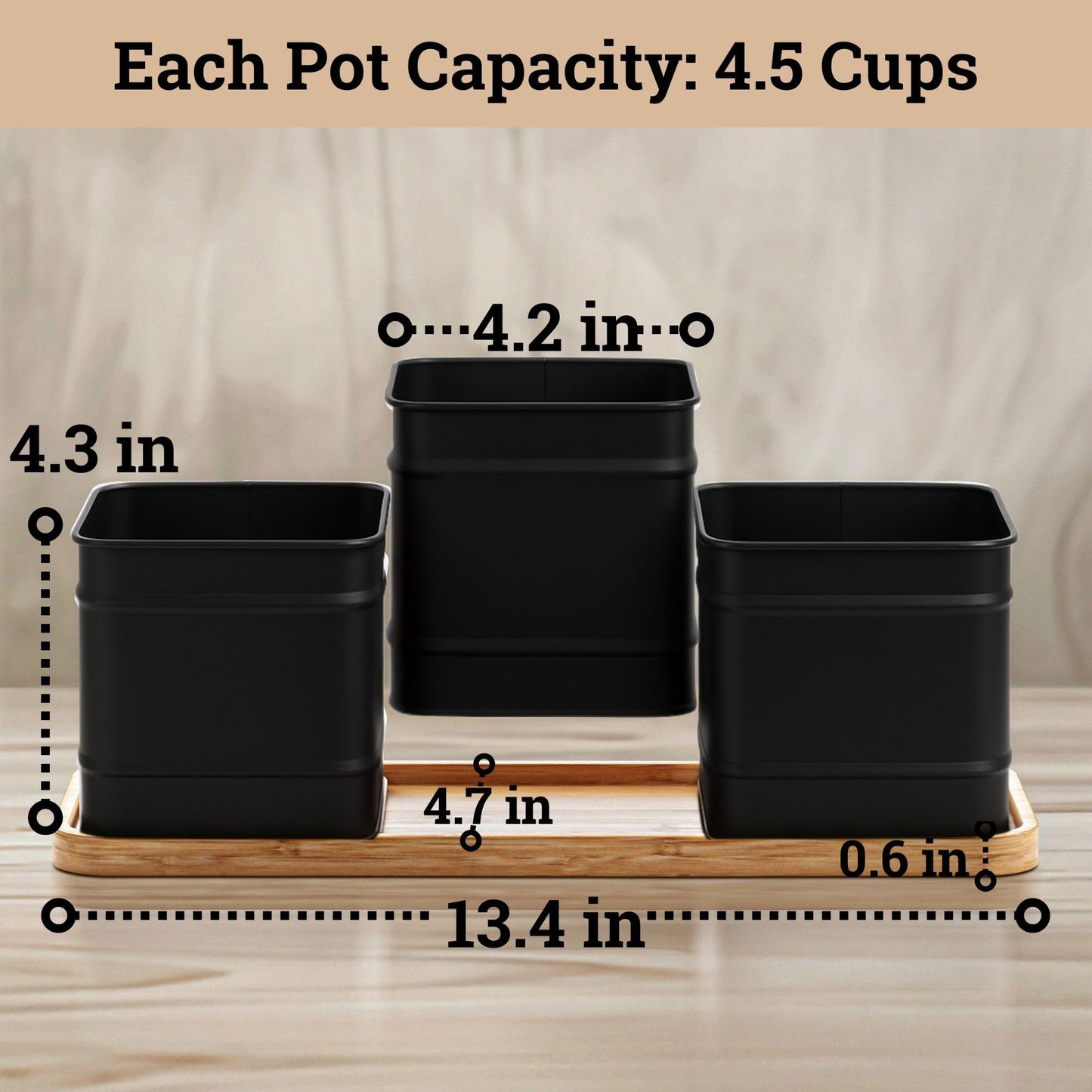 Herb Planter Indoor - 3 Iron Herb Pots with Drainage Holes, Varnished Bamboo Tray, Customizable Labels & Marker Pen - Indoor Herb Garden Planter - 3 Pots for Herbs - Inside Spice Garden - Basil Pot