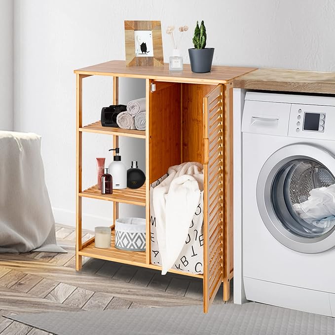 Tangkula Bamboo Bathroom Floor Cabinet, Storage Cabinet