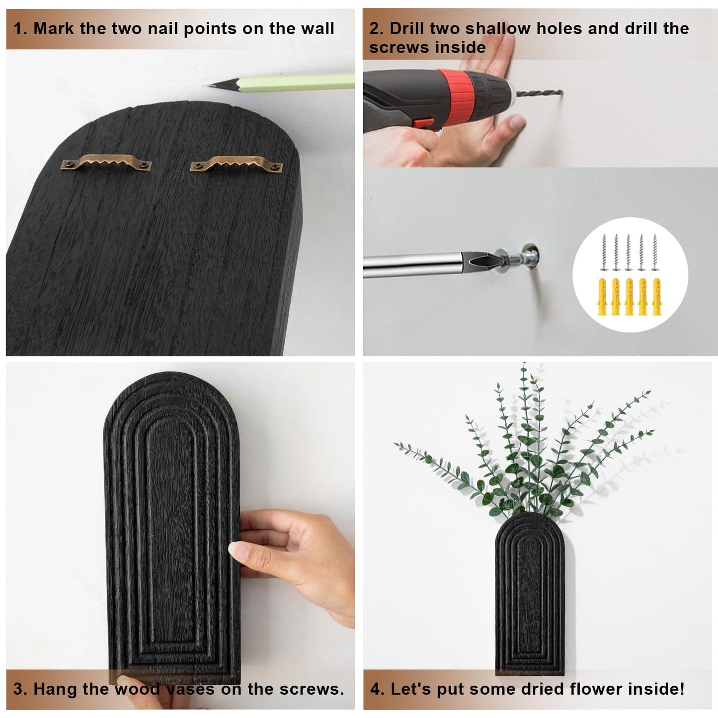 Wooden Wall Art Decor: Wall Vases for Indoor Artificial Plants & Flowers, Wood Wall Hanging Planters for Home Decor - Bathroom, Living Room, Bedroom, Patio (Black)