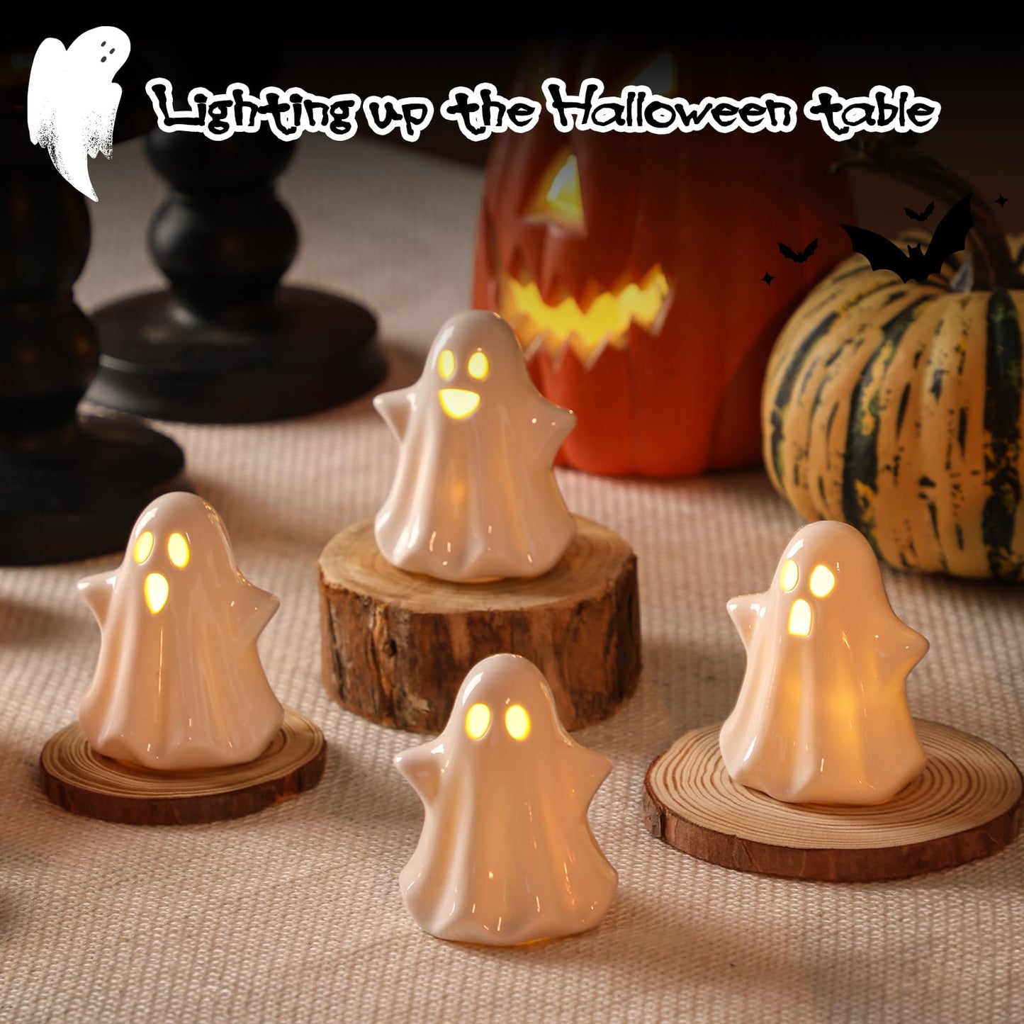 4PCS Ceramic Ghost Light Up Decor, Cute Ghost Halloween Decor, Small White Ghost Figurine Timer Led Ghost Figurines for Desk Tabletop Centerpieces,Halloween Decoration Indoor