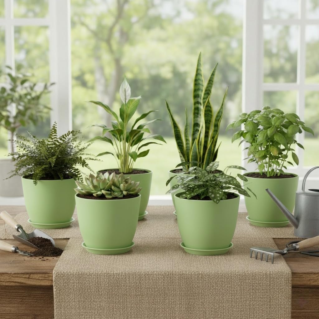Vanslogreen Plant Pots 8 Inch Set of 6, Flower Pots with Drainage Holes and Saucer, Plastic Garden Planters for Indoor & Outdoor Plants (Green)