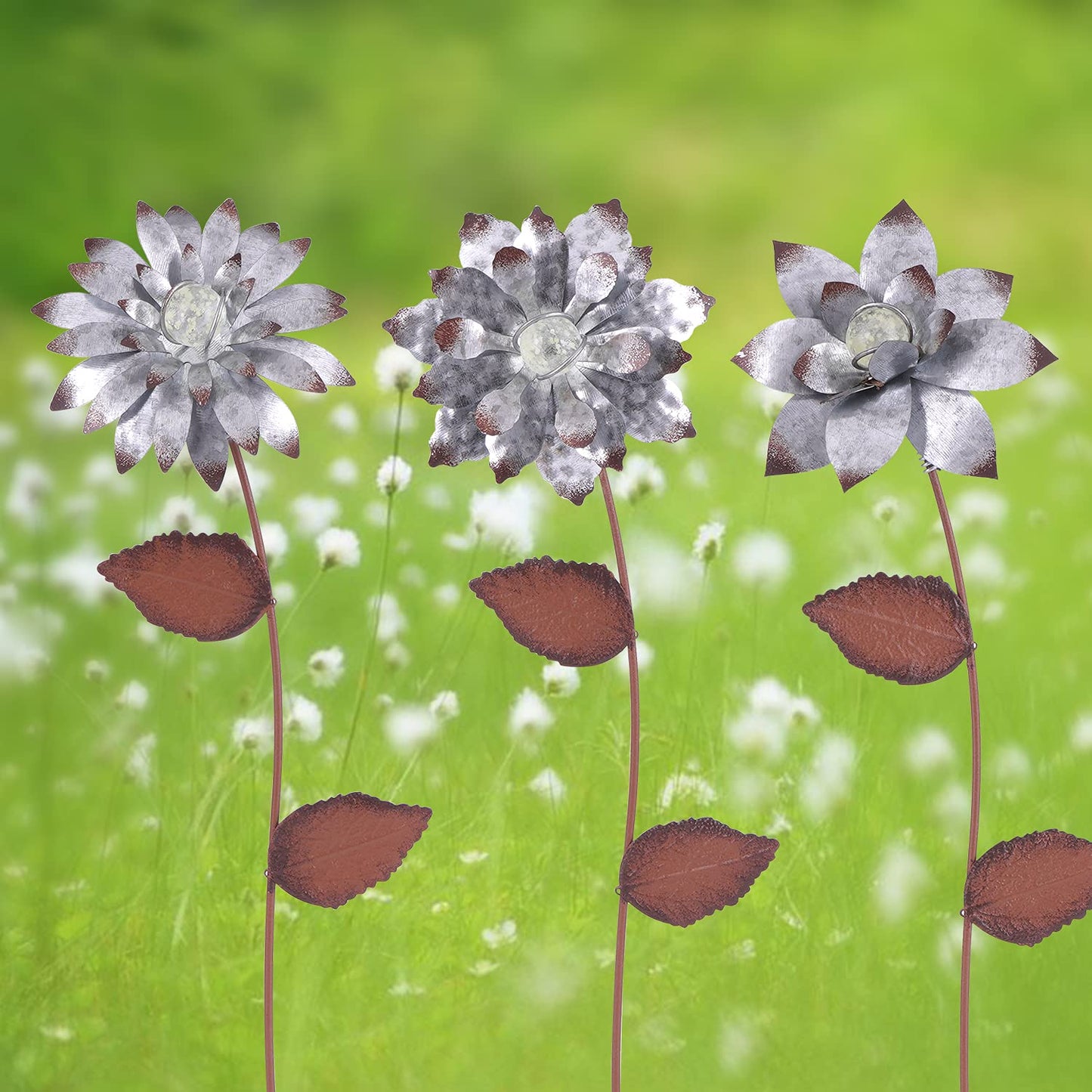 Topadorn 3-Pack Glow-in-the-Dark Metal Flower Garden Stakes, 14" Weatherproof Outdoor Plant Picks, Rustic Yard Art for Lawn & Patio