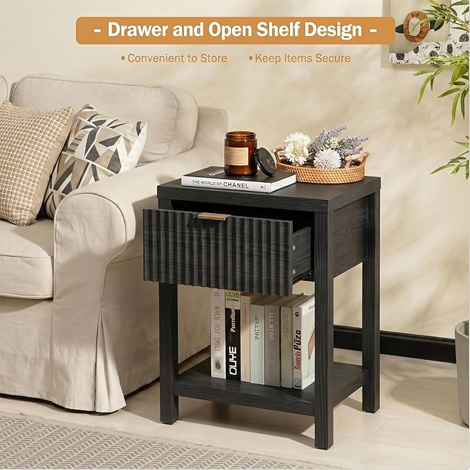 Fluted Night Stand with Golden Handle, Mid-Century Nightstands with Drawer