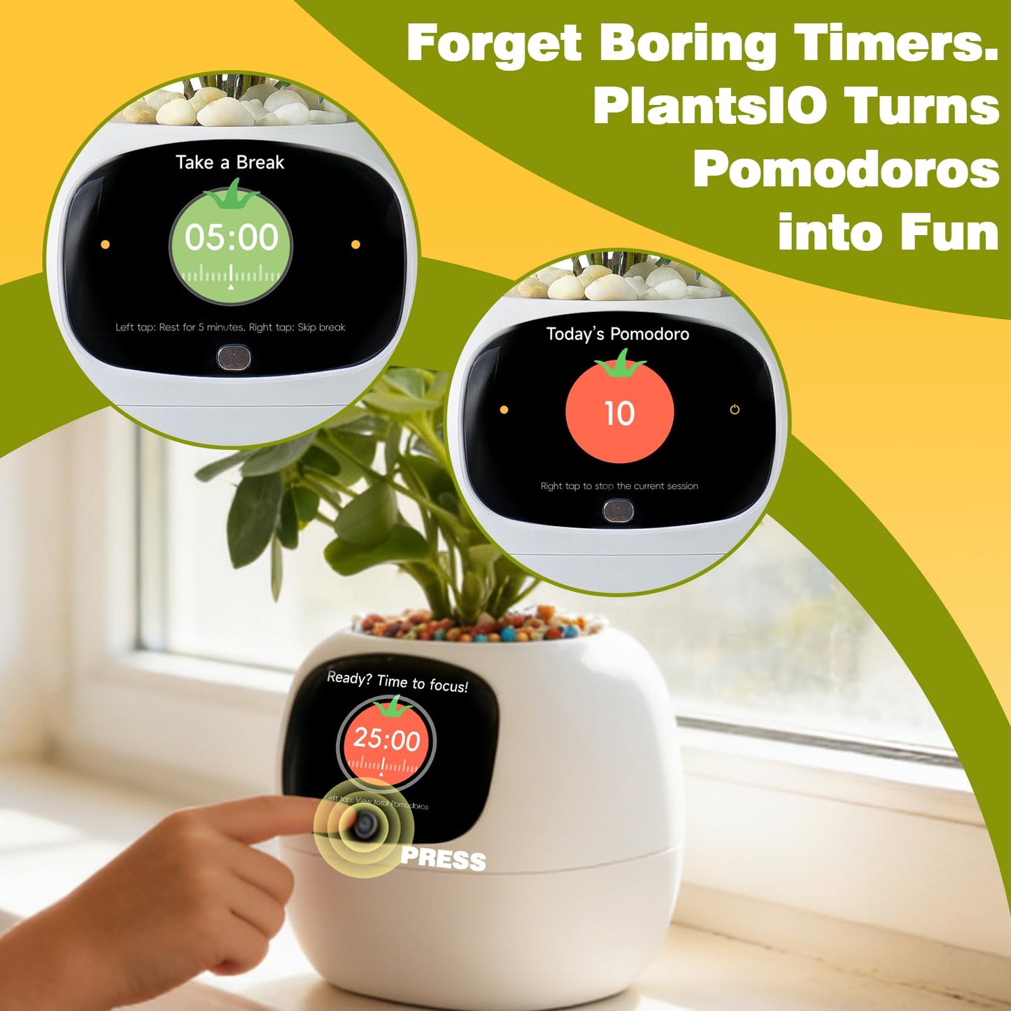 Smart Plant Pot with Visual Display – Soil Moisture, Water Level, Light & Battery Monitor, 80ml Self-Watering Reservoir, Supports 100+ Plants, Pomodoro Timer, Clock & Calendar-White