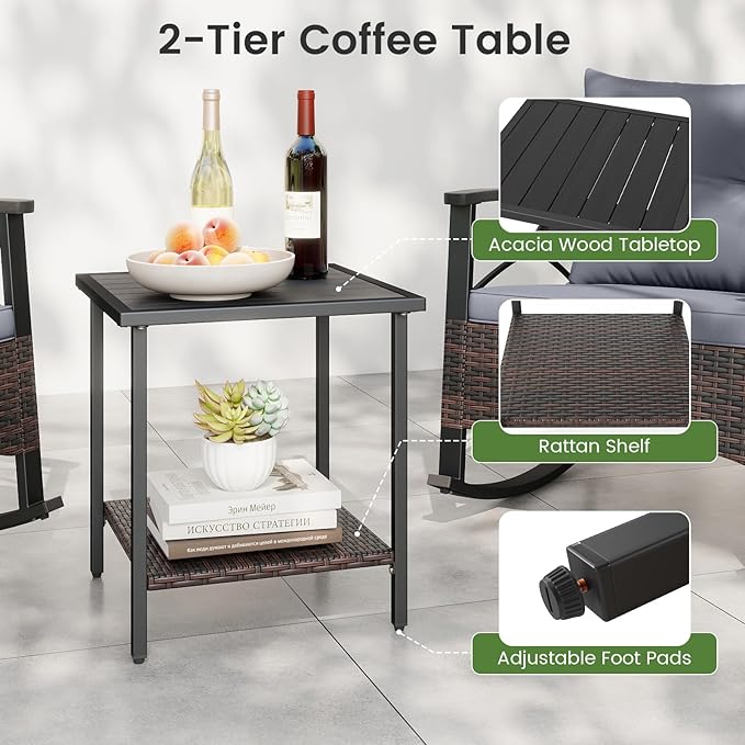 Tangkula 3 Pieces Outdoor Rocking Chairs Set, Rattan Heavy Duty Cushioned