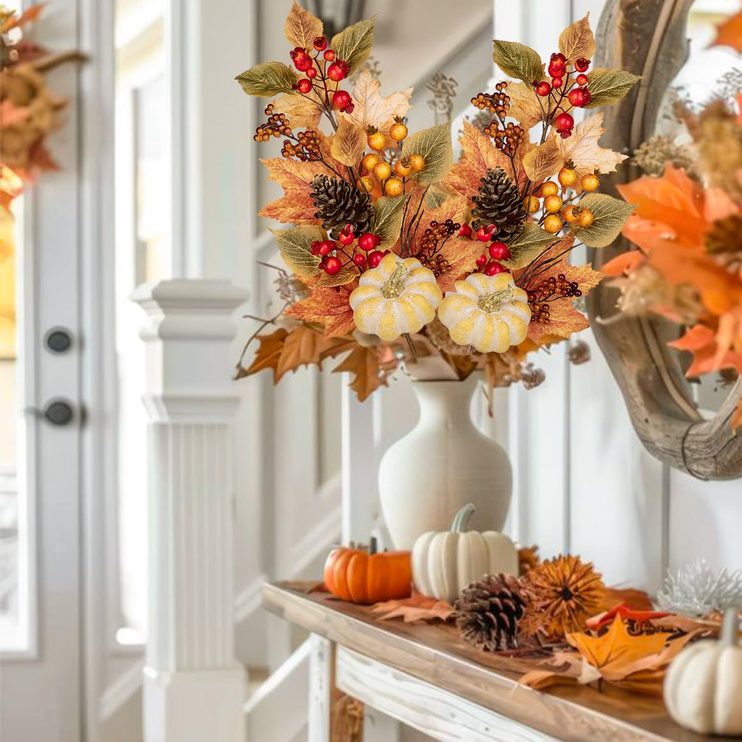 2PCS Artificial Fall Branches Fake Pumpkin Pine Cone Maple Beech Leaves with Red Berries, 30" Tall Faux Fall Stems Autumn Décor for Vase Farmhouse Kitchen Table Centerpiece Decoration