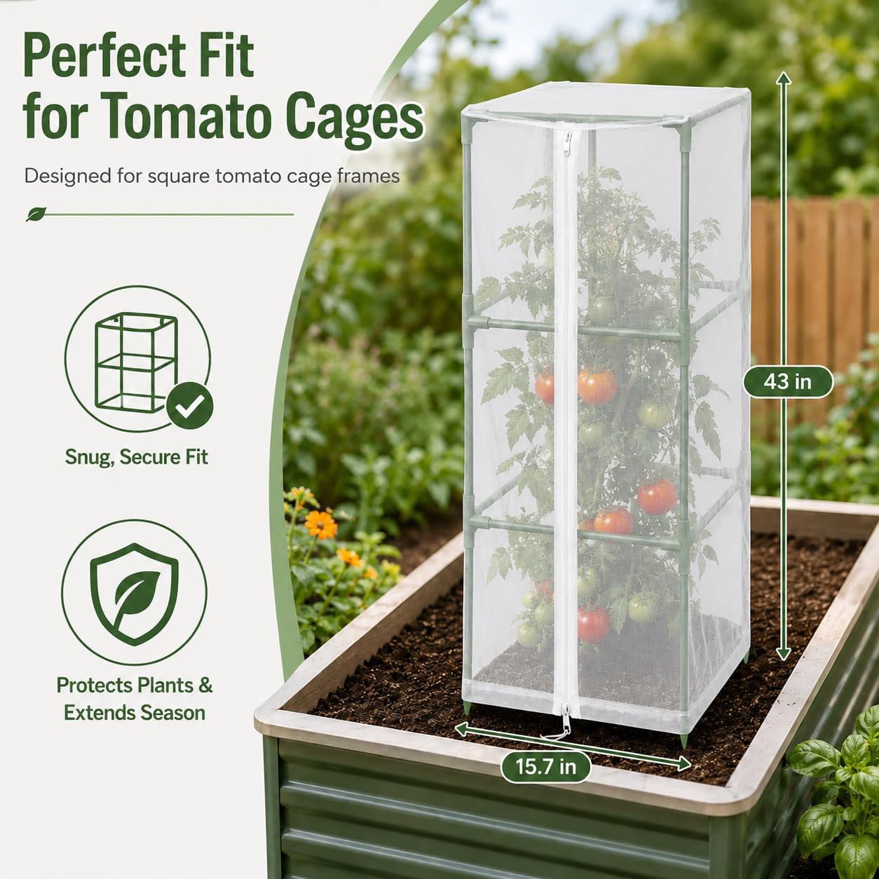 Halatool Garden Tomato Plant Cover Netting, Fits 40ā50" Tall Square Tomato Cages, Garden Bird Netting with Zipper & Drawstring, Insect Barrier, Plant Covers from Insects Animals, 4 Pack, 43"Ć15.7"