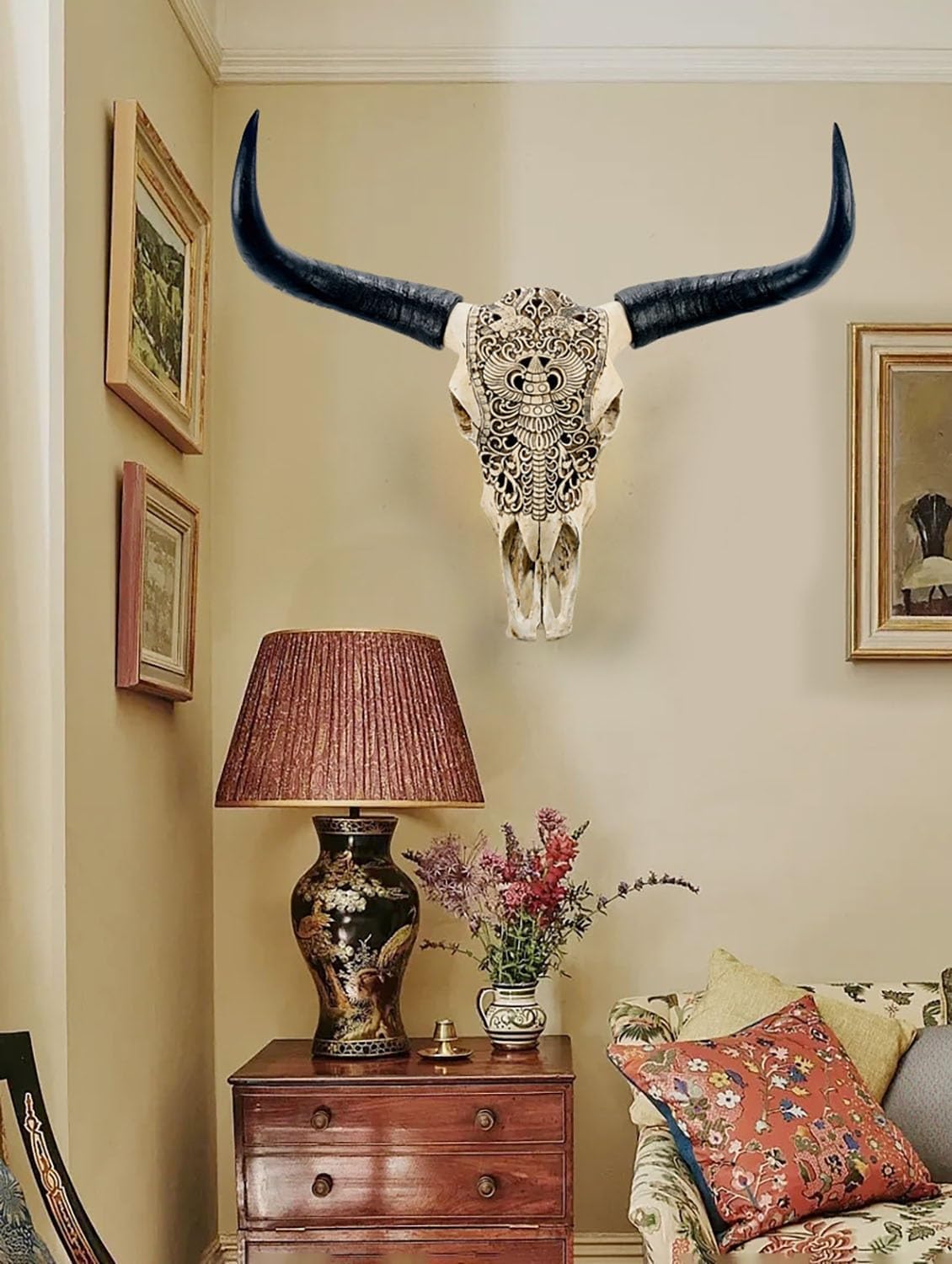 XOUXYJUN Long Horn Cow Skull, Cow Skull Wall Hanging Decor,Wall Hanging Faux Longhorn Skull Faux Taxidermy Animal Head, Handmade Decor Home Sculpture Faux Bull Horns for Wall 27ā³*26ā³*10ā³ (White)