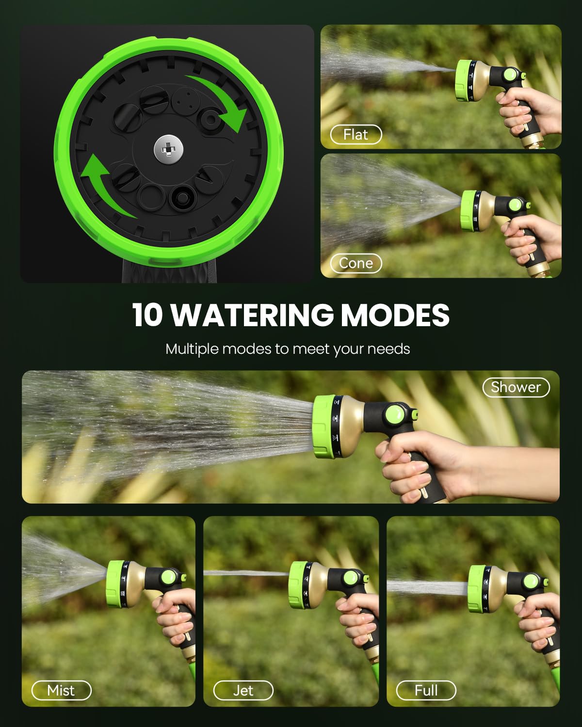 RAINPOINT Garden Hose Nozzle Heavy Duty - 100% Metal Thumb Control Spray Nozzles for Garden Hose High Pressure, 10 Patterns Water Hose Nozzle for Car Wash, Watering Lawn and Pets, Green