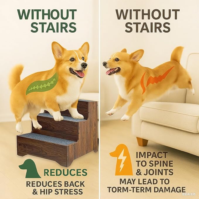 Furniture Dog Stairs for Large Dogs, Wooden Wide Pet Steps, Non-Slip 3-Step Stable Dog Ladder for High Bed,Couch,Sofa โ Upgraded Solid Stair for Senior, Injured, Recovering, Short-Legged Pets,Walnut