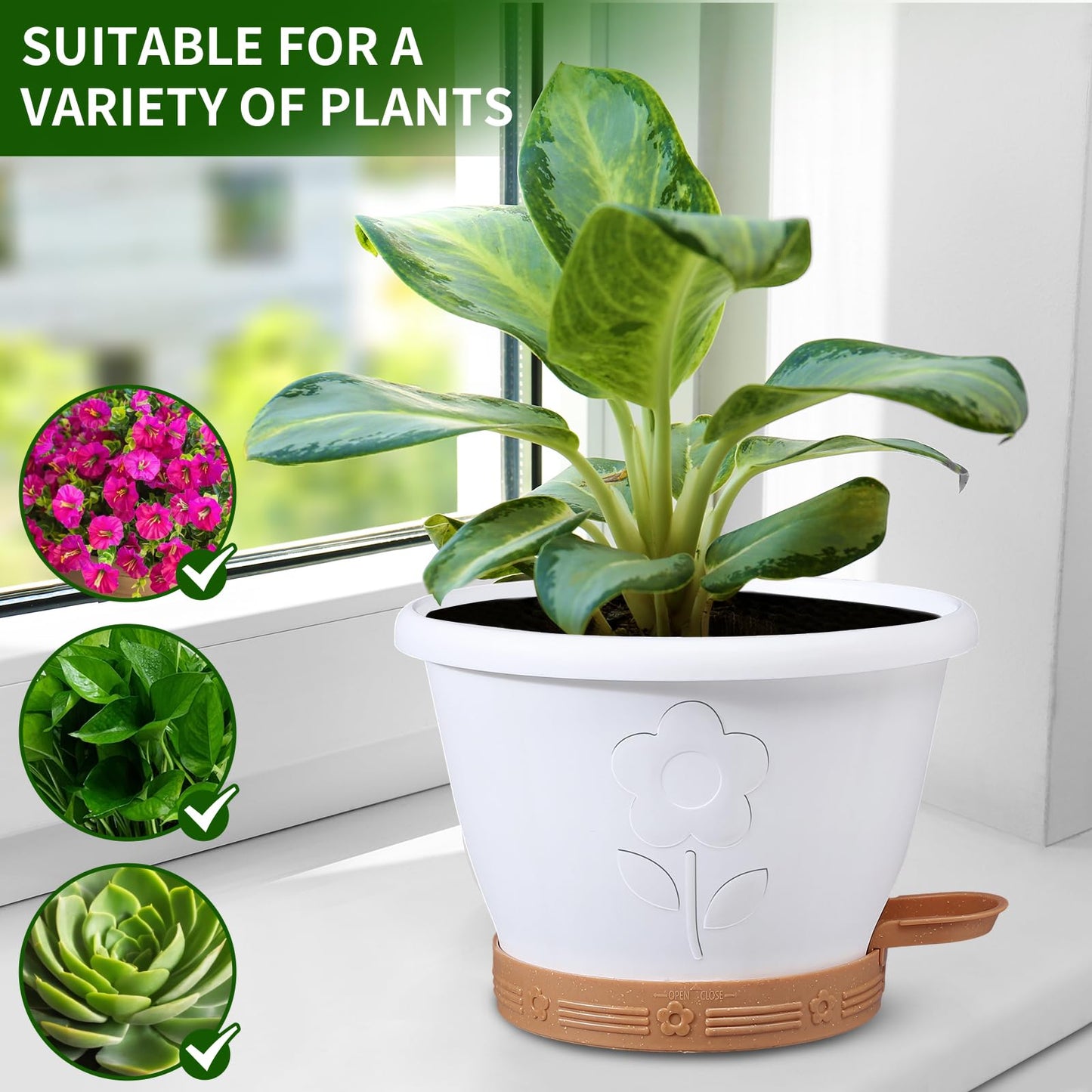 XMPBFYH Plant Pots, Flower Pots for Indoor/Outdoor Plants, Self Watering Plastic Planters Pots with Drainage Holes, Saucer & Reservoir, Decorative Nursery Planting Pots(10 Inch Set of 4)