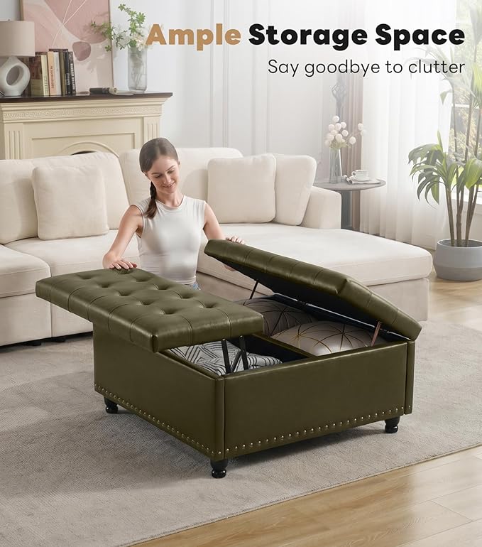 Tbfit Large Square Storage Ottoman Bench, Tufted Upholstered Coffee Table