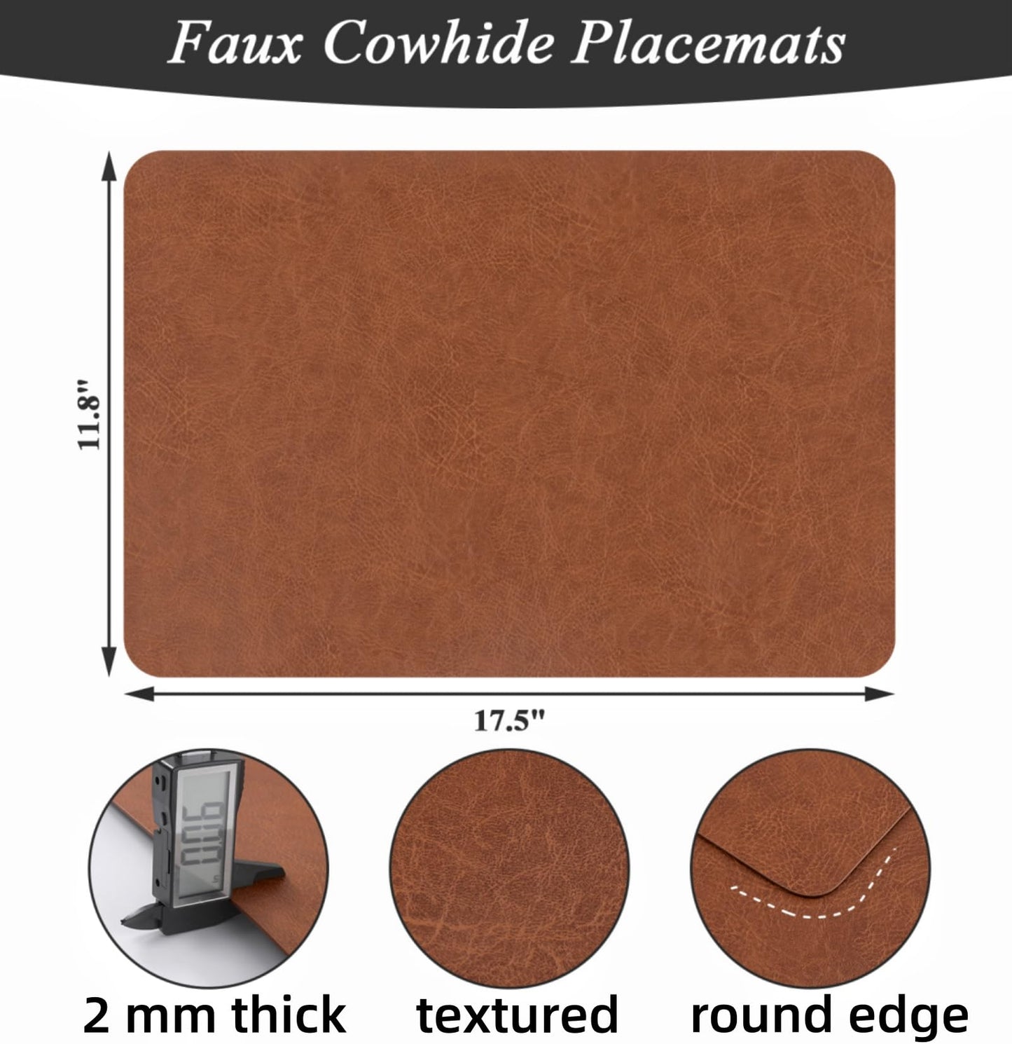 SHACOS Faux Cowhide Leather Placemats Set of 6, Wipeable Water Heat Resistant Place Mats, Stain Resistant Table Mats for Dining Table Kitchen Decor, Brown Blue