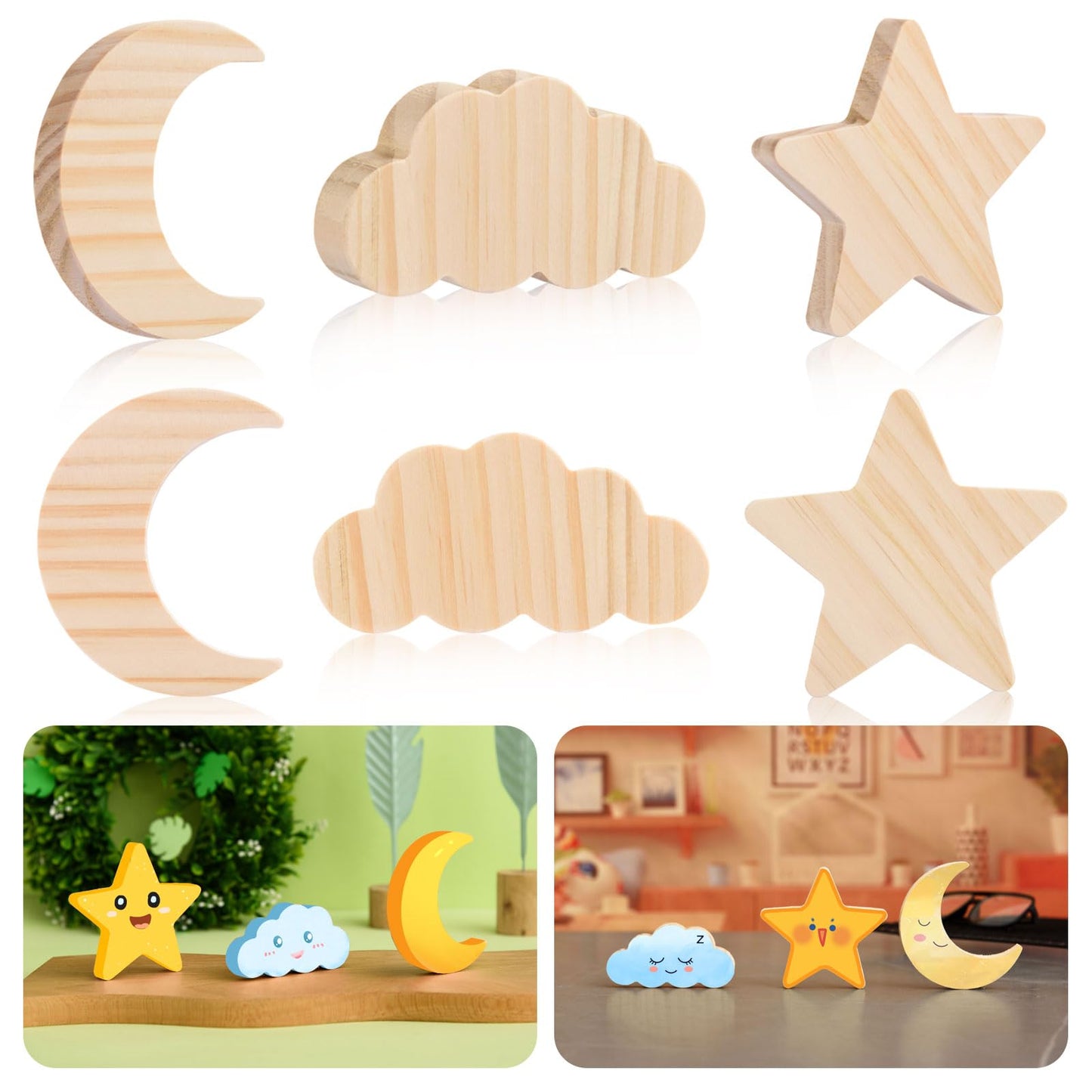 AWIZOM 12 Pcs Wooden Moon Star and Cloud Cutouts Unfinished Table Sign Blank Wood Blocks to Paint Pine Wood Table Centerpieces for DIY Crafts Back to School Boho Home Tiered Tray Decoration,3.94 Inch