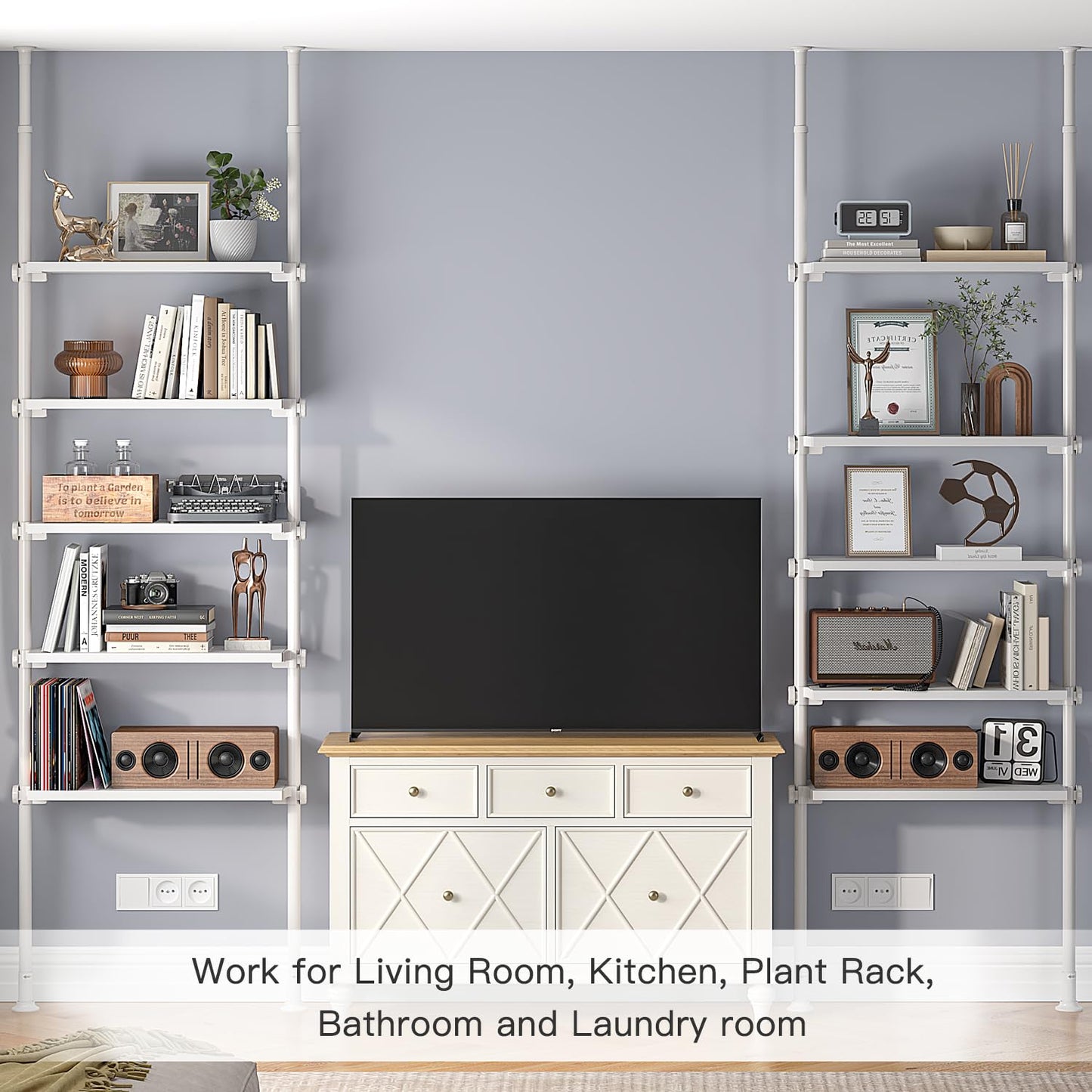 ALLZONE Adjustable Tall Narrow Bookshelf, 5-Tier Floor-to-Ceiling Tension Mount Ladder Book Shelf with Storage for Versatile Uses, Fits 92-116 Inch Ceilings, 27.84-Inch Wide Wood Shelves, White