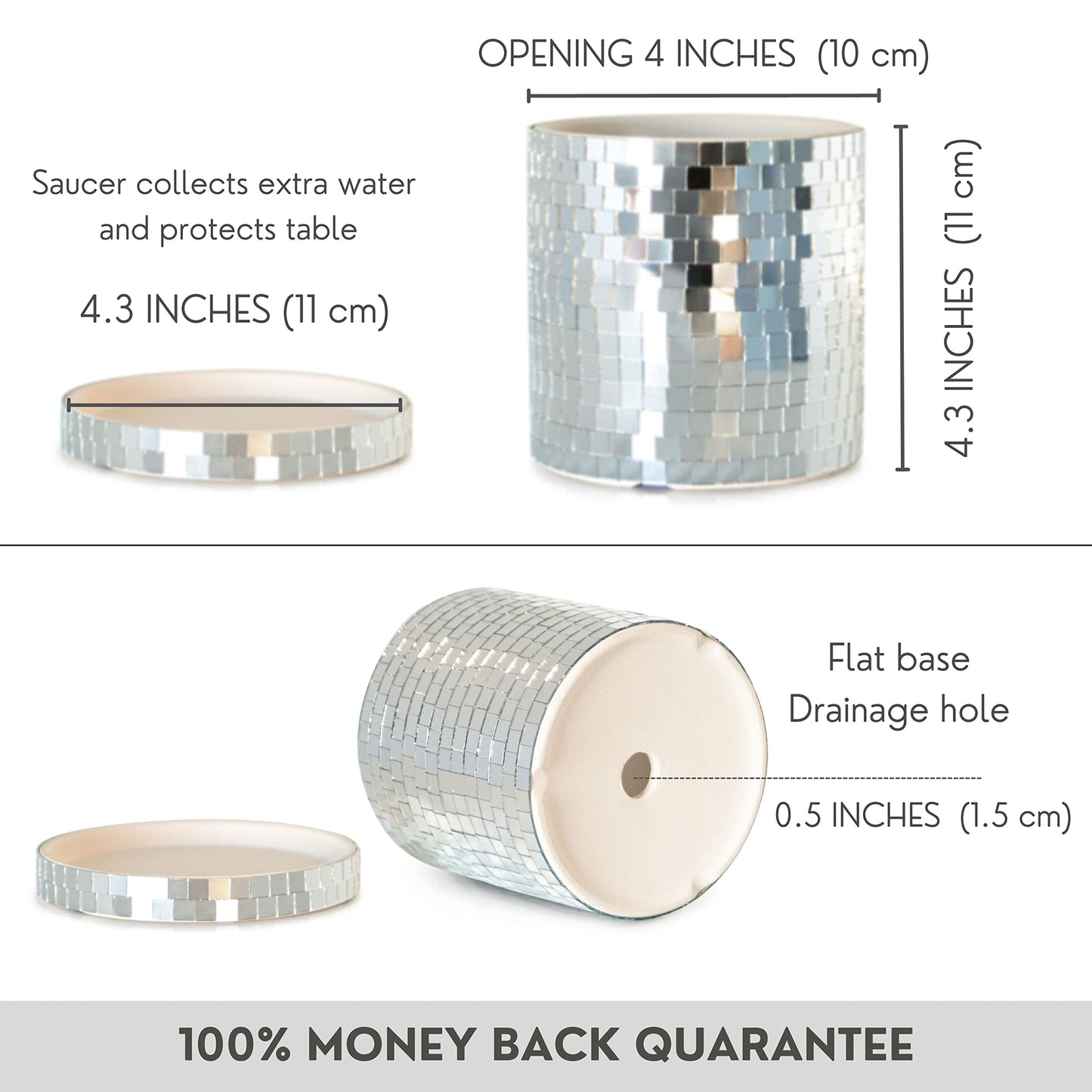 SCANDINORDICA Disco Ball Planter 8" Rose Gold with Chain and Macrame Hanger and Disco Ball Planter Pot 4.3" with Saucer (0.3x0.3 mirror tiles)
