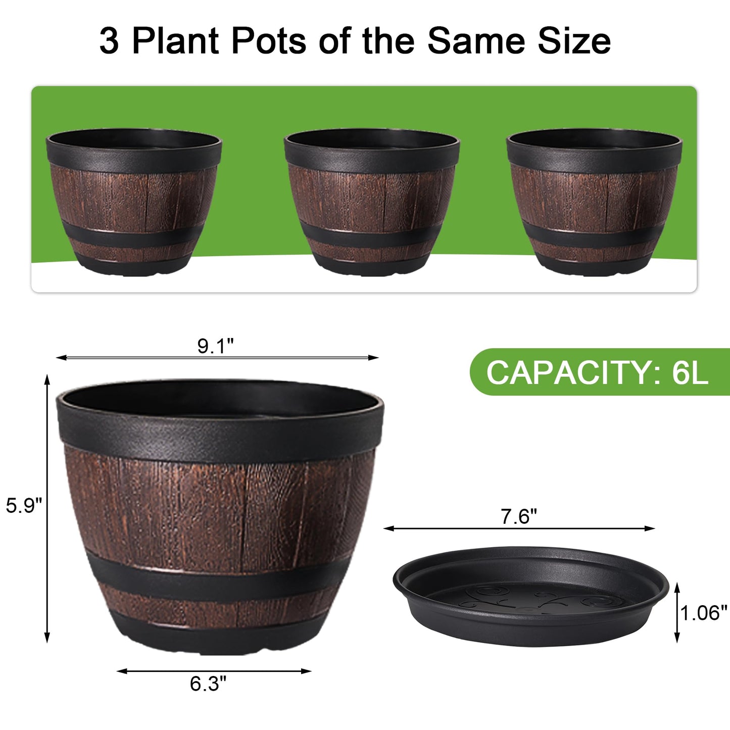 VECELO Plant Pots with Drainage Holes & Saucer, 9 Inch Flower Pots with Tray, 3 Pack Plastic Whiskey Barrel Planters for Indoor & Outdoor Garden Home Plants and Flowers